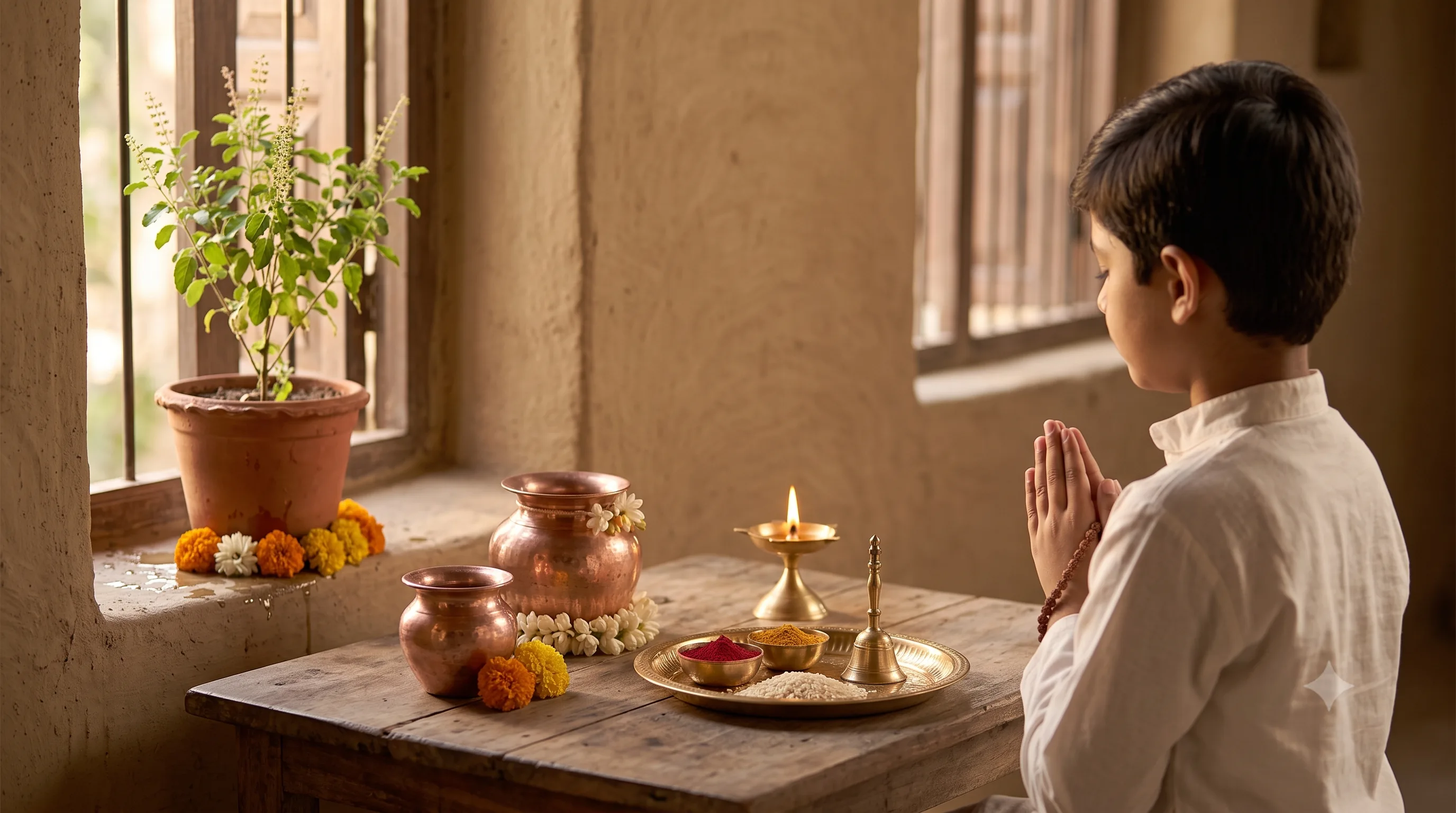 A home shrine setup with a lit brass lamp, incense and offering items arranged for daily worship