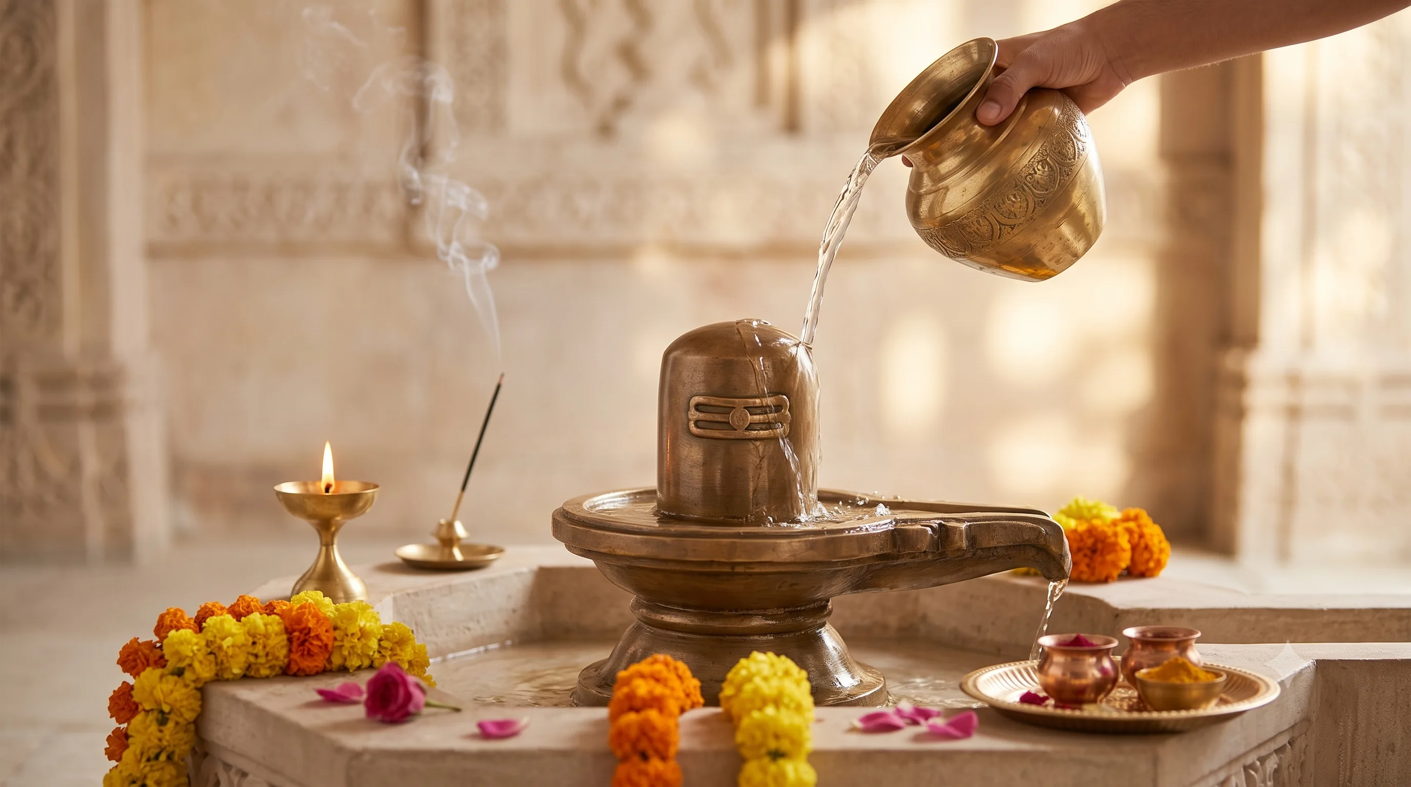 A close-up of water being poured over a bronze Shiva linga during abhishekam in a temple setting, with marigold garlands and incense