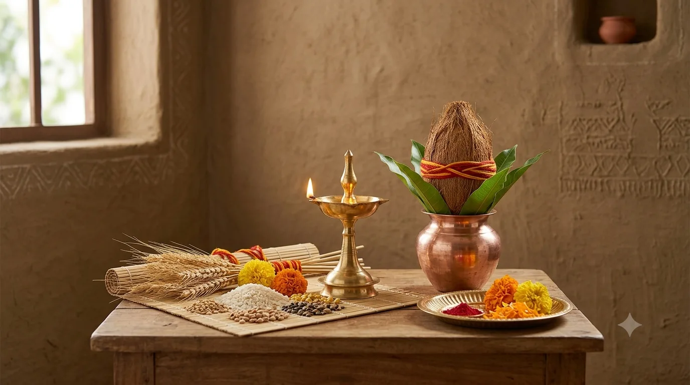 Wheat sheaves, grains and seeds laid on a bamboo mat beside a garlanded copper kalash and a lit brass lamp