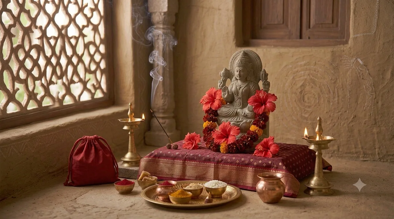 A seated Devi murti on a red silk cloth, garlanded with hibiscus and marigold, with incense, lamps and a puja thali