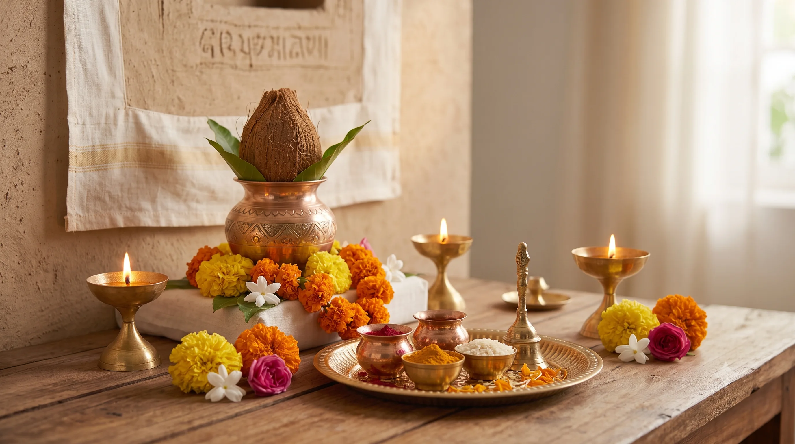 A festive kalash topped with coconut and mango leaves, surrounded by marigold garlands, lit lamps and a puja thali of kumkum, turmeric and rice