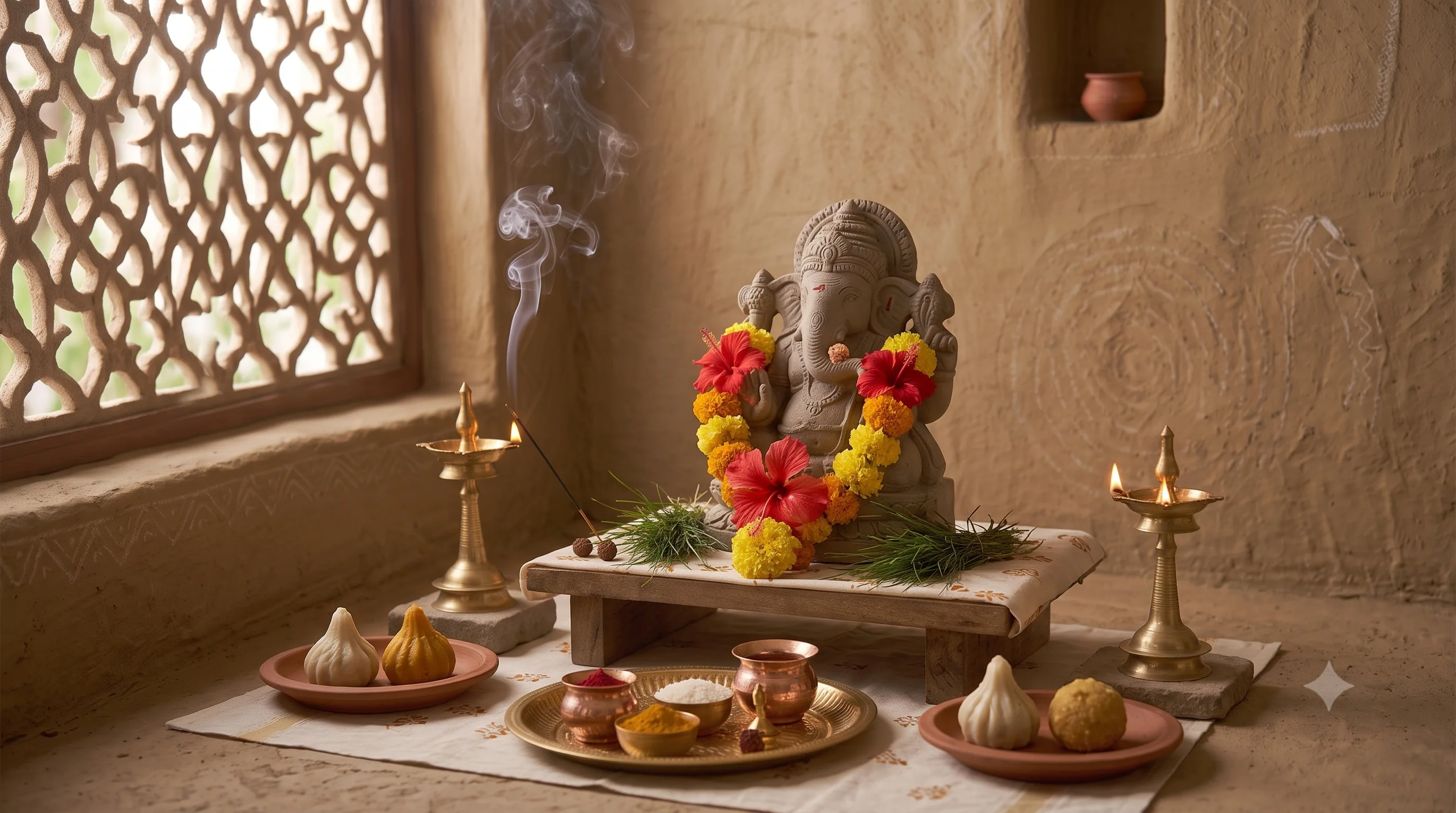 A garlanded stone Ganesha murti with durva grass, modaks and laddoos offered on plates, lit lamps and incense beside it
