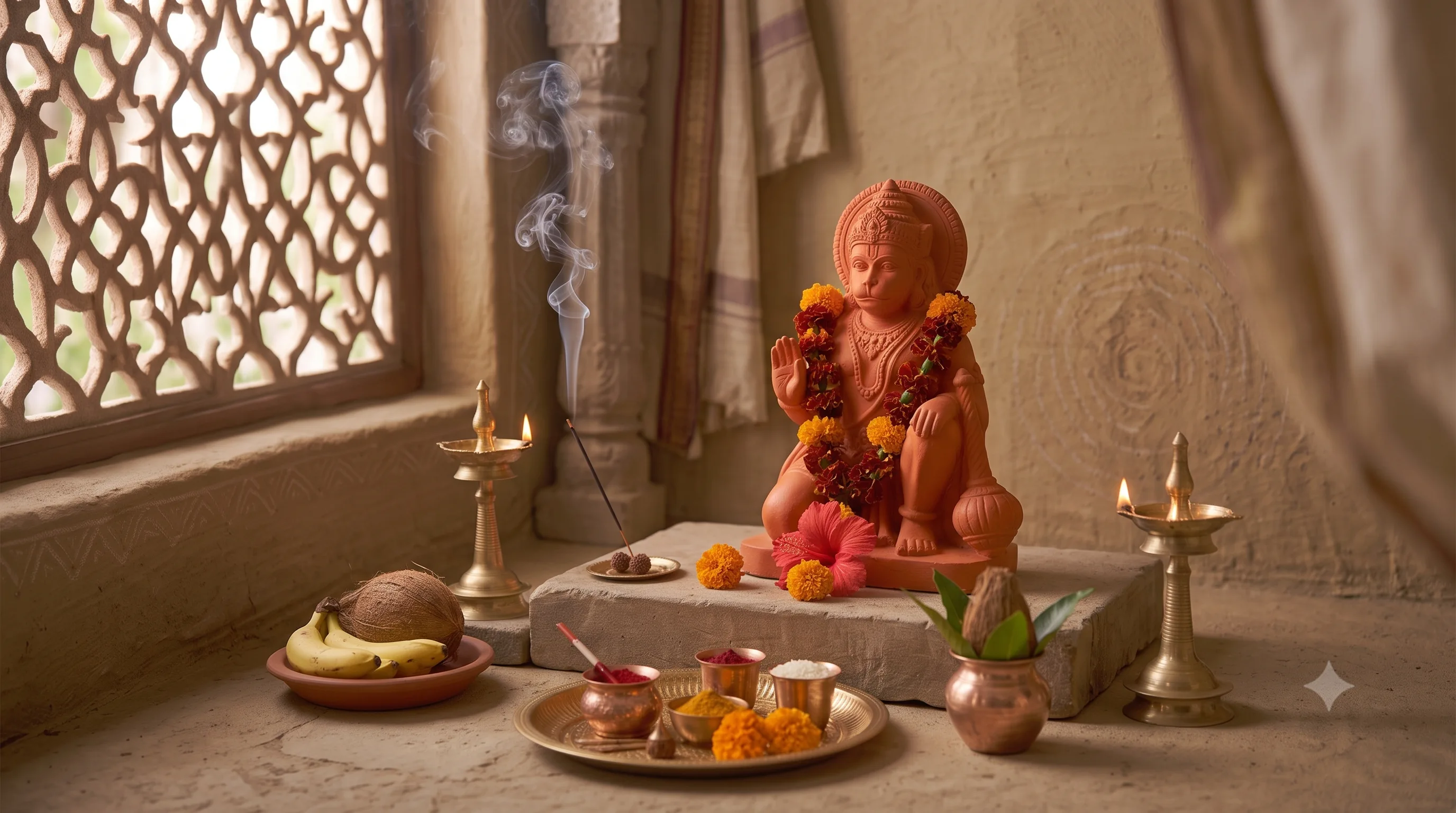 A terracotta Hanuman murti garlanded with marigold, with bananas, coconut, incense and lit lamps offered before it