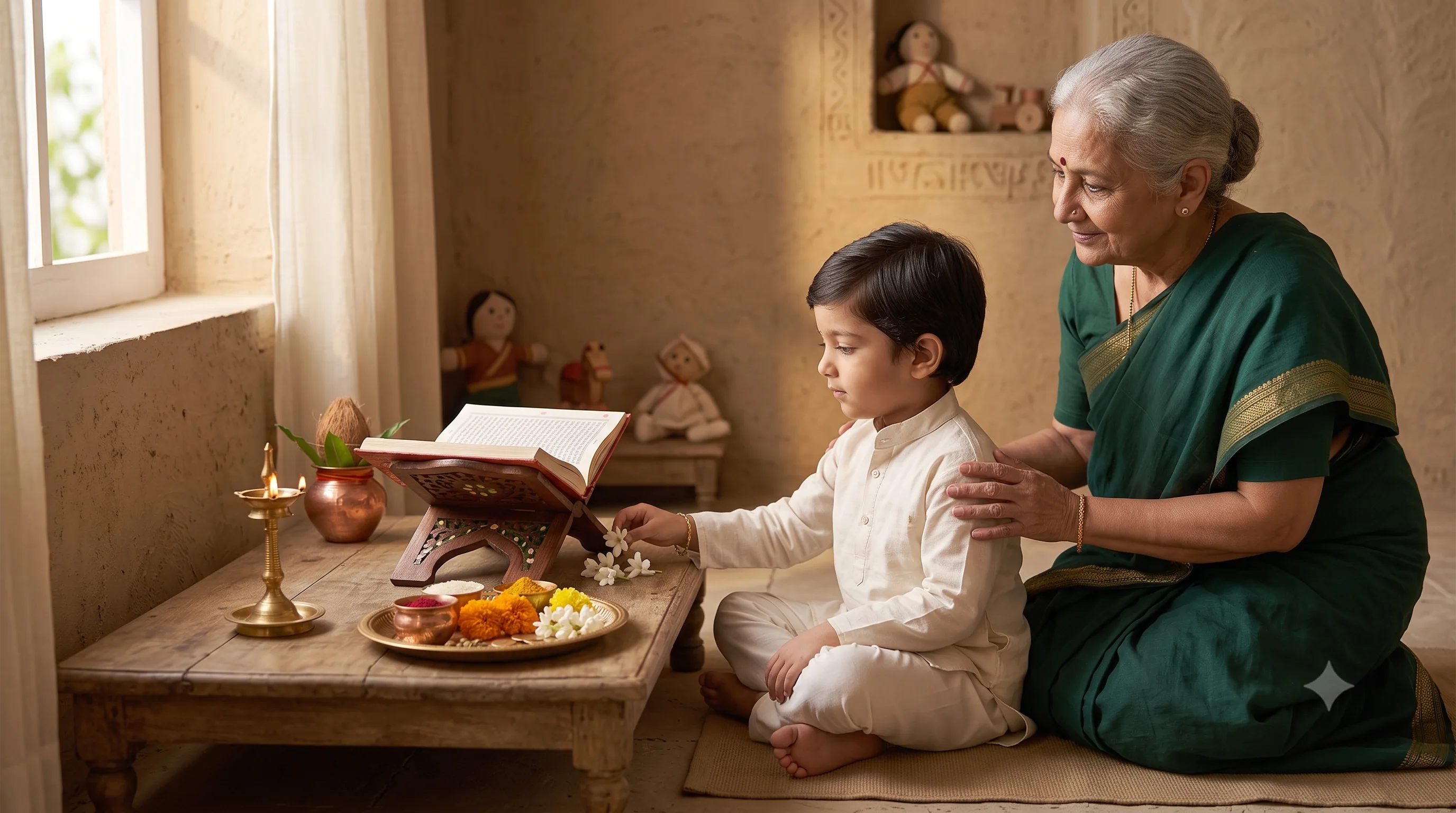 A grandmother guiding a young child through a small offering ritual at a low table with an open scripture, lamp and flowers
