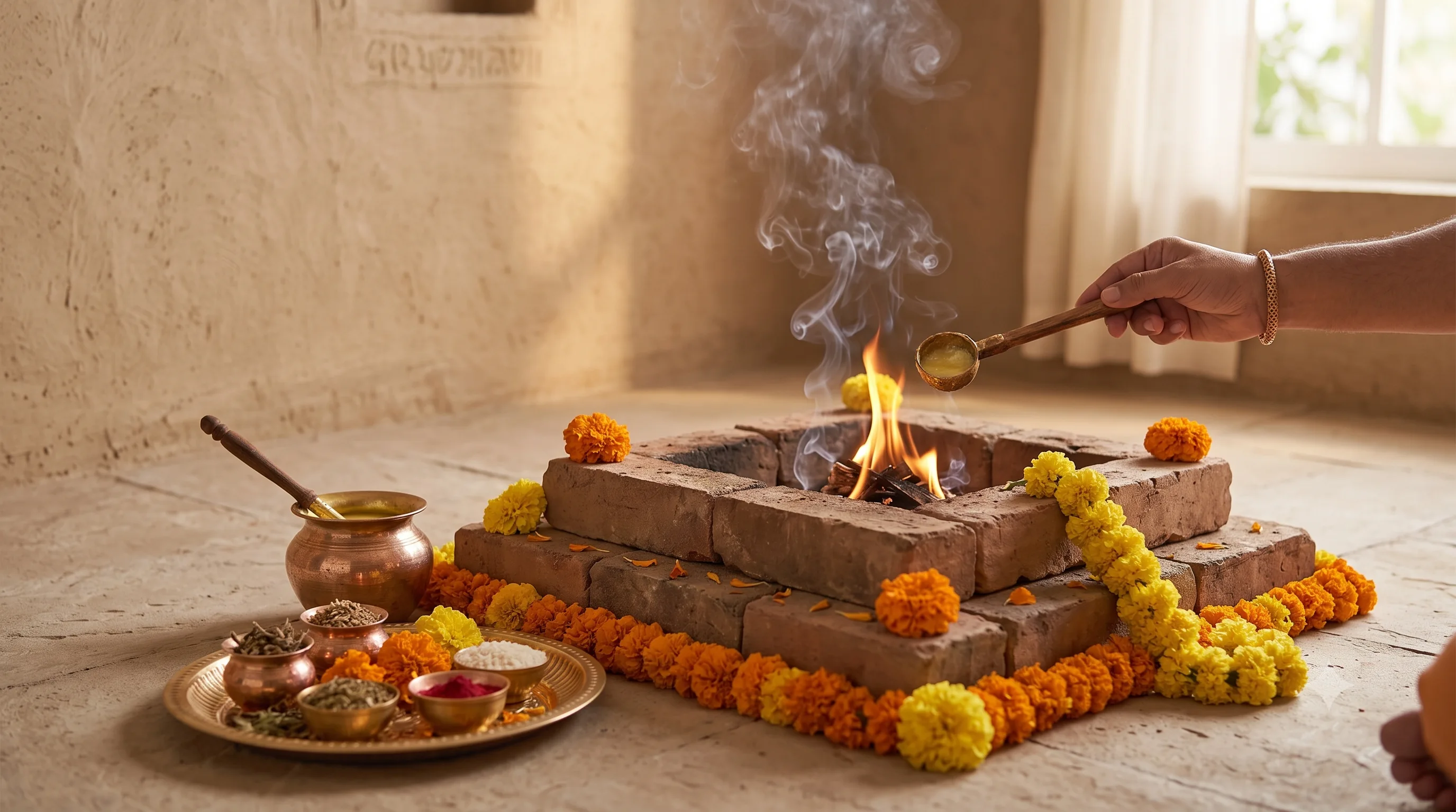 A brick havan kund with a lit sacred fire, marigold garlands, and a hand offering ghee with a wooden ladle