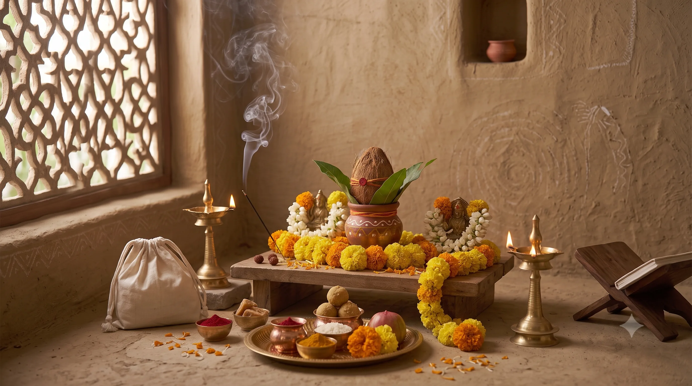 A home puja arrangement with a garlanded kalash, small murtis, lit brass lamps, incense and a plate of sweets and offerings