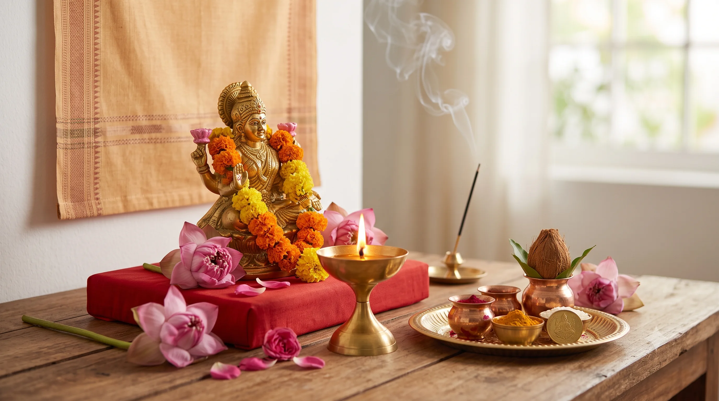 A brass Lakshmi murti garlanded with marigold, seated on a red cloth surrounded by lotus flowers, a lit lamp, incense and coins