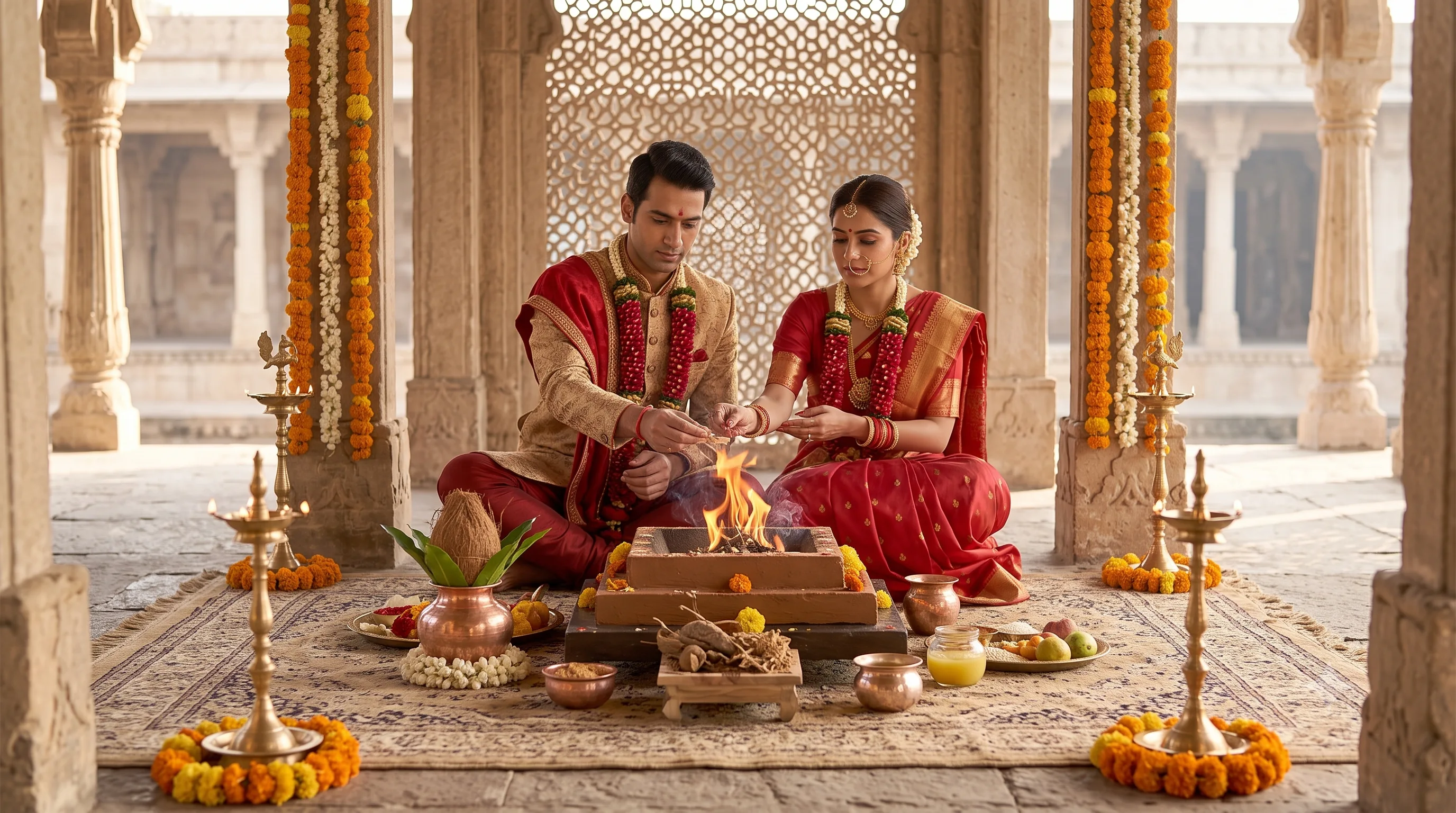 A bride and groom in traditional red wedding attire performing rituals around the sacred fire, garlanded and surrounded by marigold decorations
