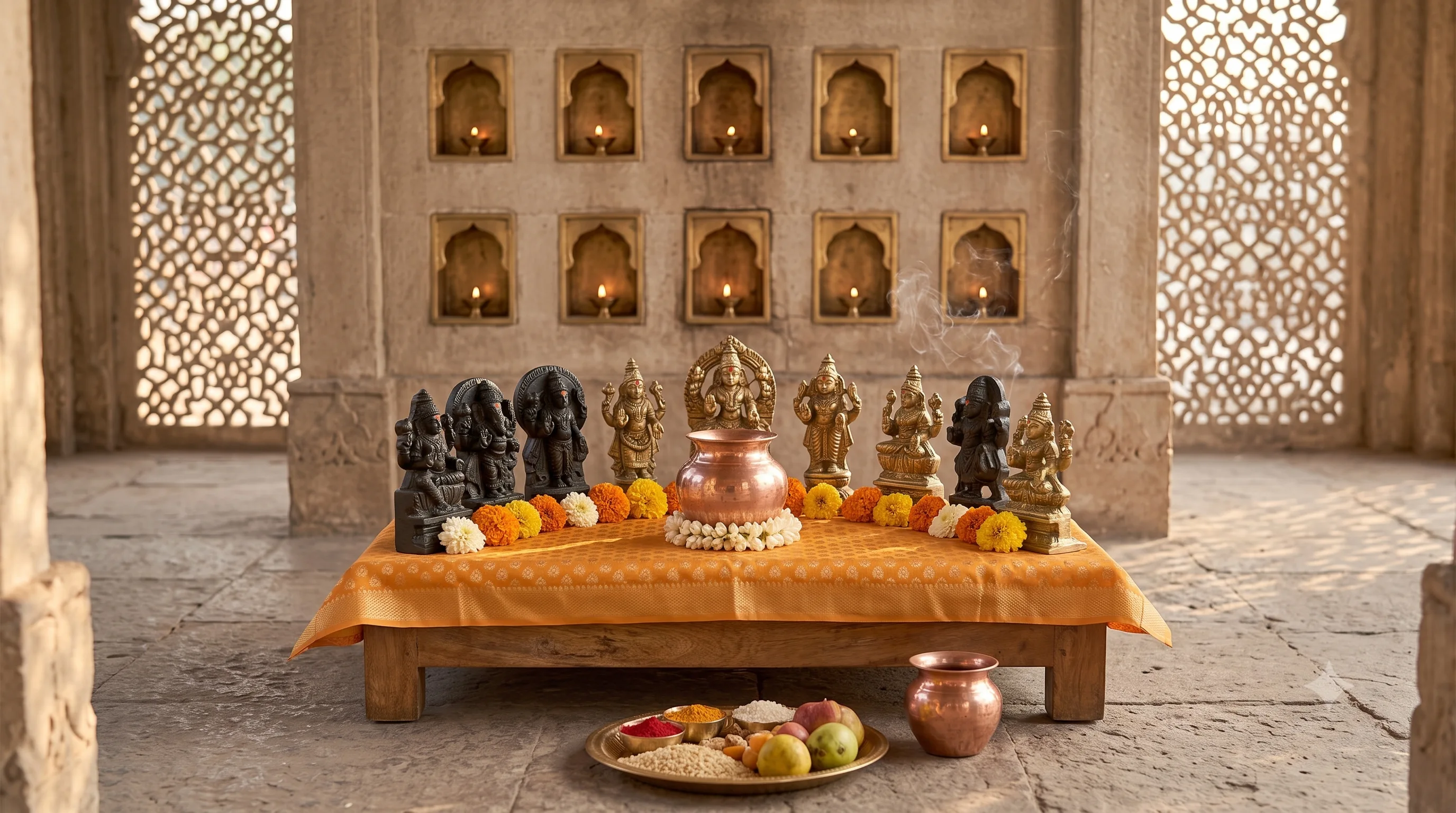 Nine small Navagraha murtis arranged in a row on a cloth-covered platform with a copper kalash and marigold garlands, temple lamps behind