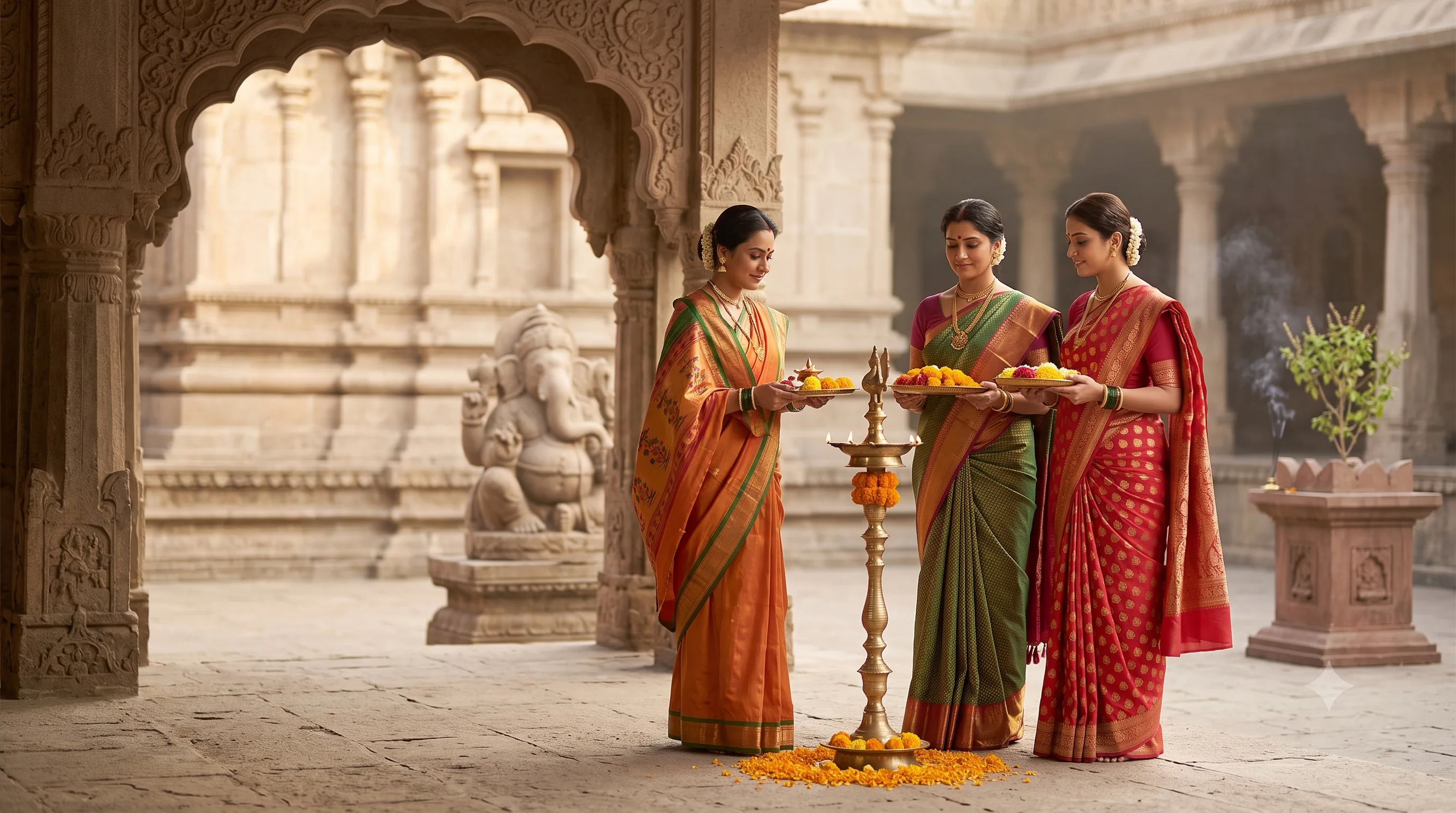 Three women in traditional silk sarees holding offering plates beside a tall brass standing lamp in a temple courtyard with a Ganesha statue