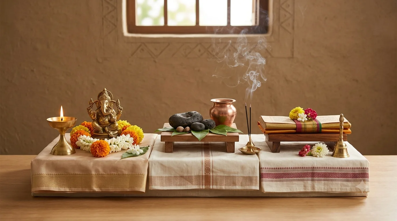 Three shrine sections side by side — a garlanded Ganesha murti, sacred stones with a copper kalash and incense, and a bound scripture with a bell
