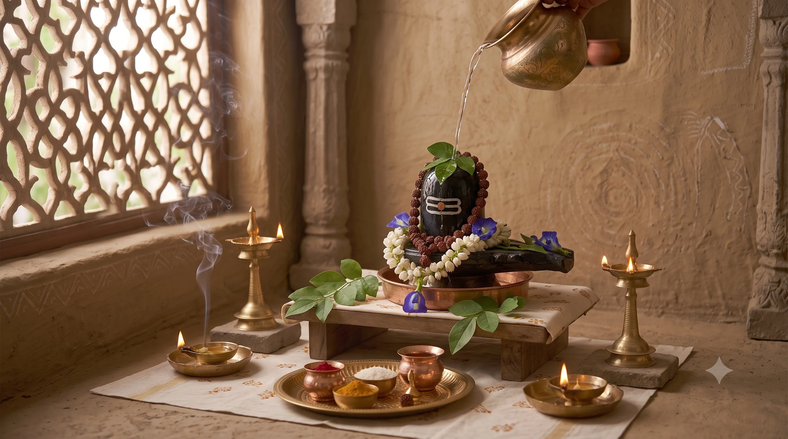 A Shiva linga being bathed with water during abhishekam, garlanded with rudraksha and jasmine, set on a copper vessel with lit lamps nearby