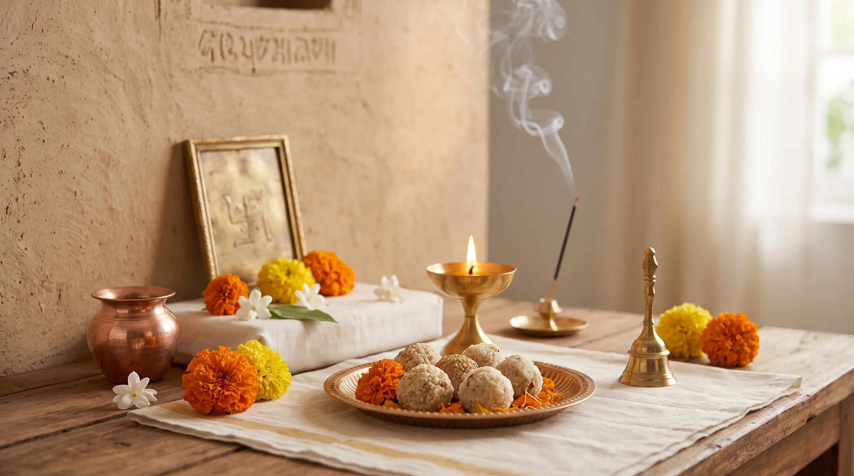 A quiet memorial-style offering of rice balls and flowers on a plate, with a small framed swastik symbol, a copper kalash, bell, lamp and incense