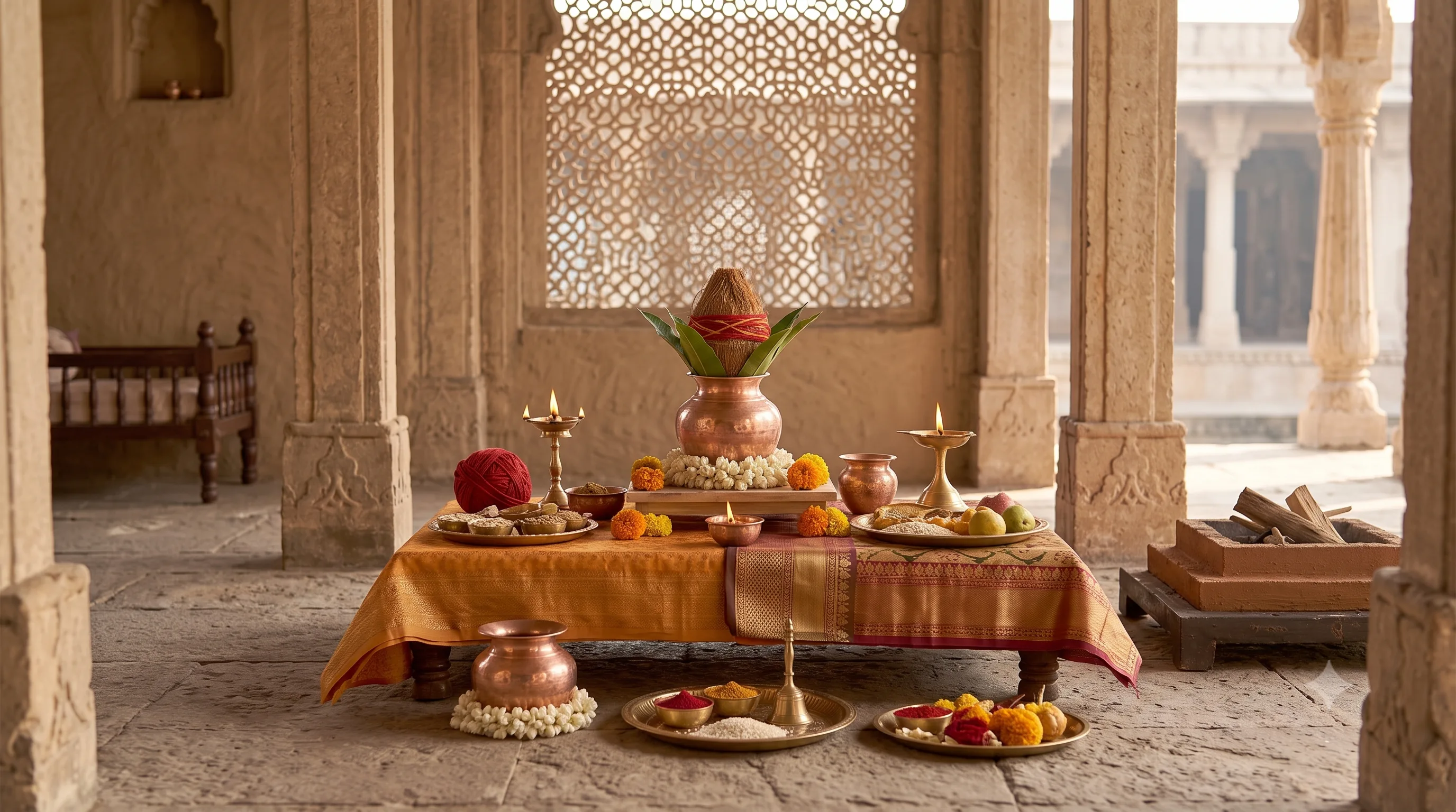 A silk-draped table set for a samskara ceremony with a copper kalash, lamps, offering plates and a small cradle in the background