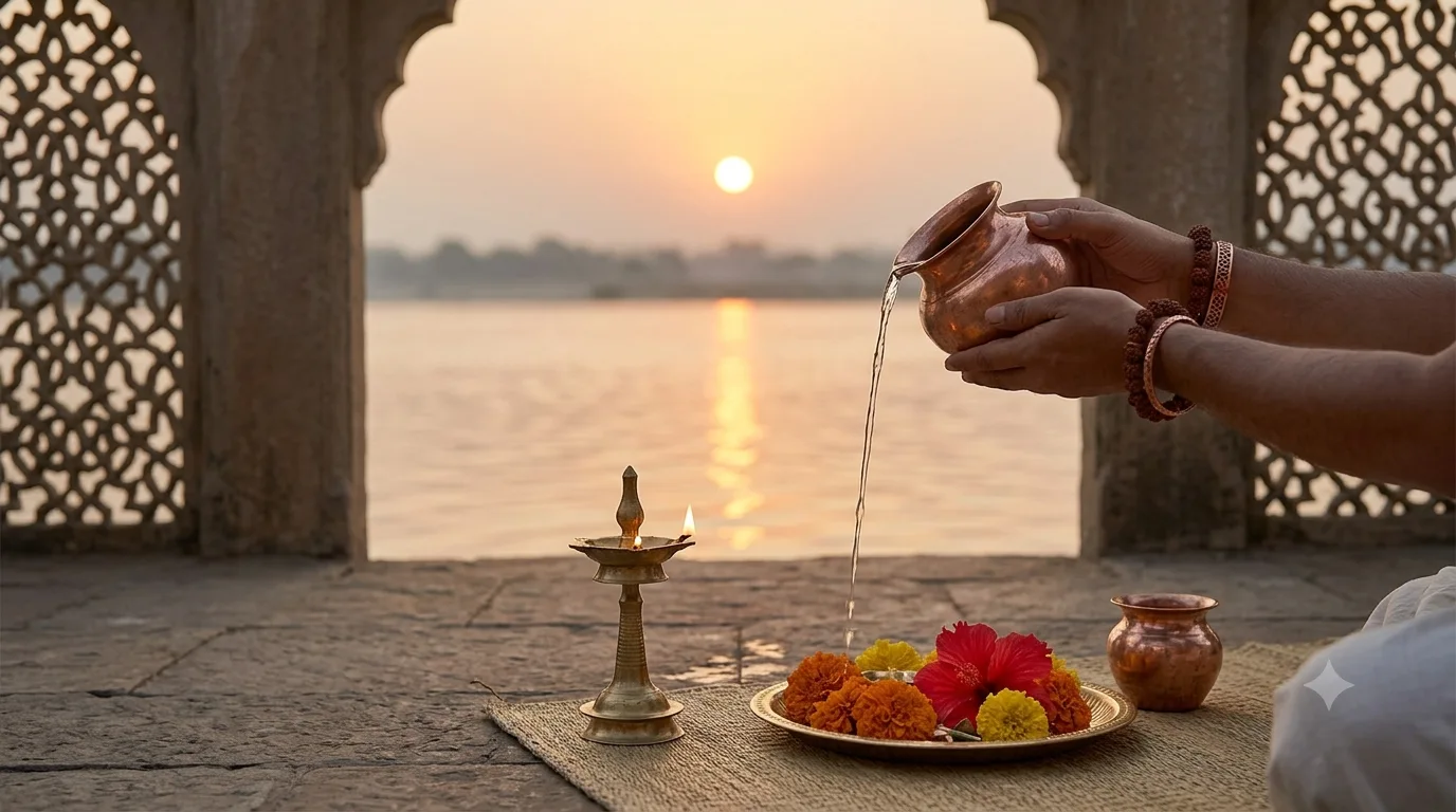 A person offering water to the rising sun from a copper vessel at a riverside archway, with a puja thali of flowers and a lit lamp