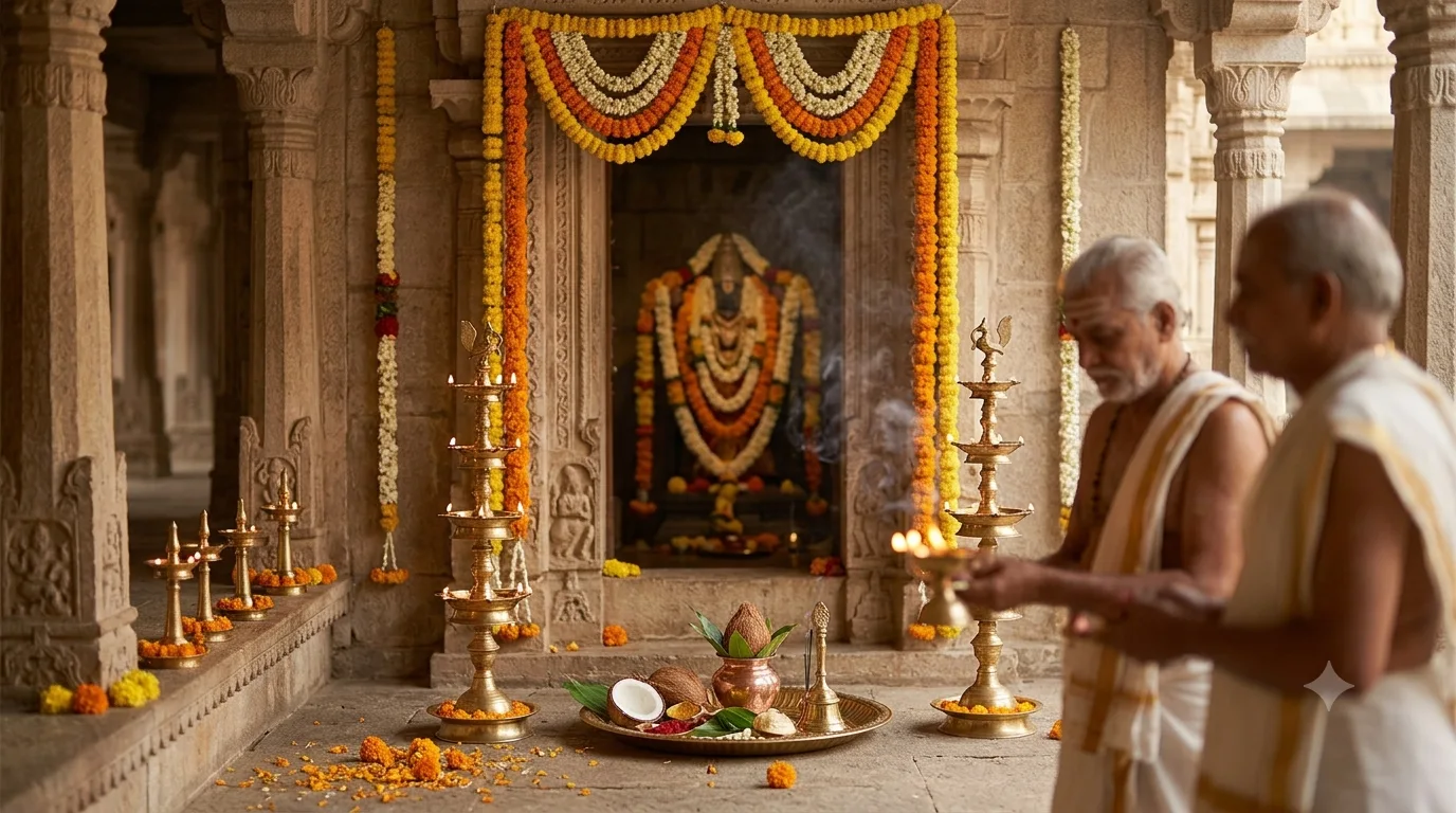 Two priests tending tall multi-tier brass temple lamps before an elaborately garlanded deity shrine