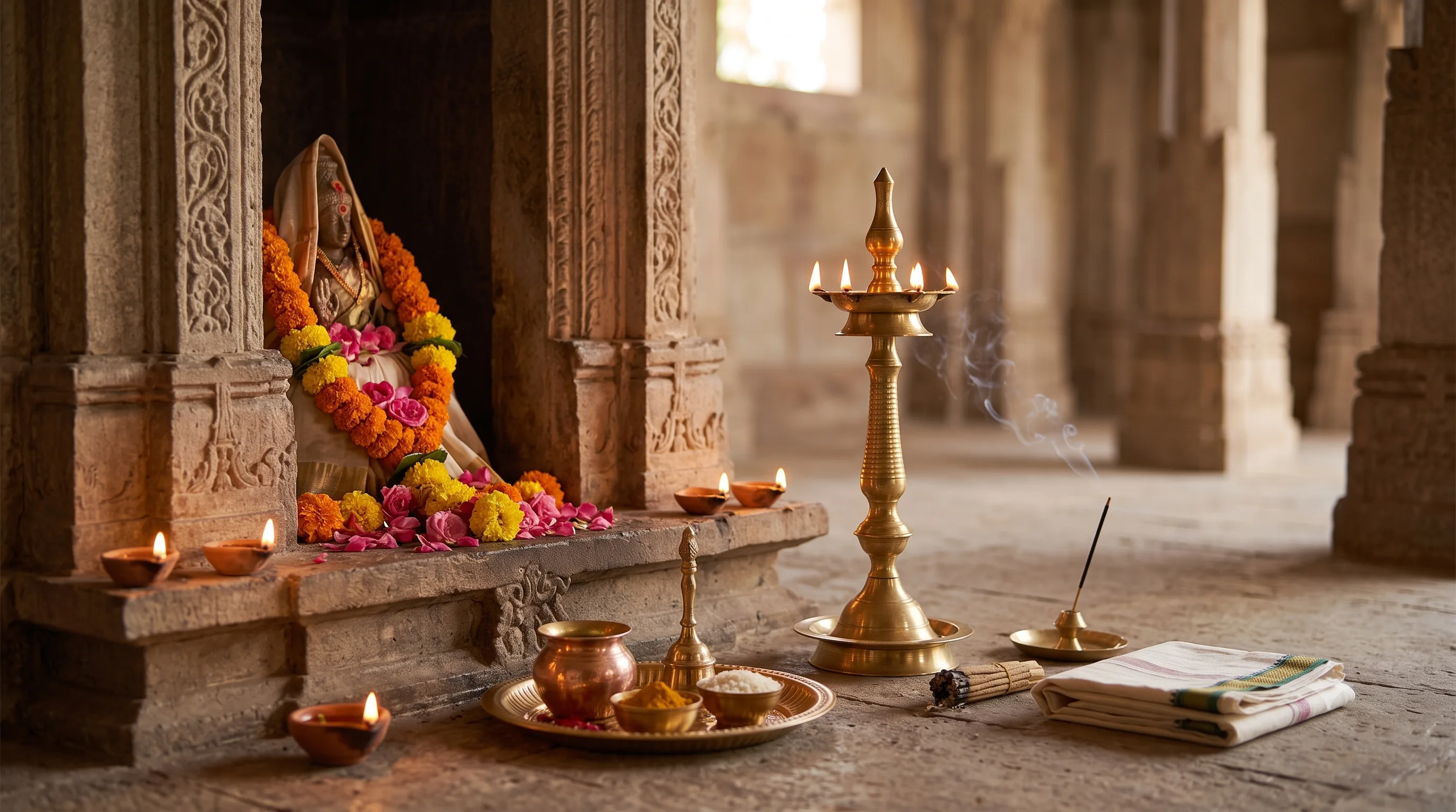A temple sanctum niche with a garlanded deity murti, a tall multi-wick brass lamp, small clay diyas, incense and an offering plate