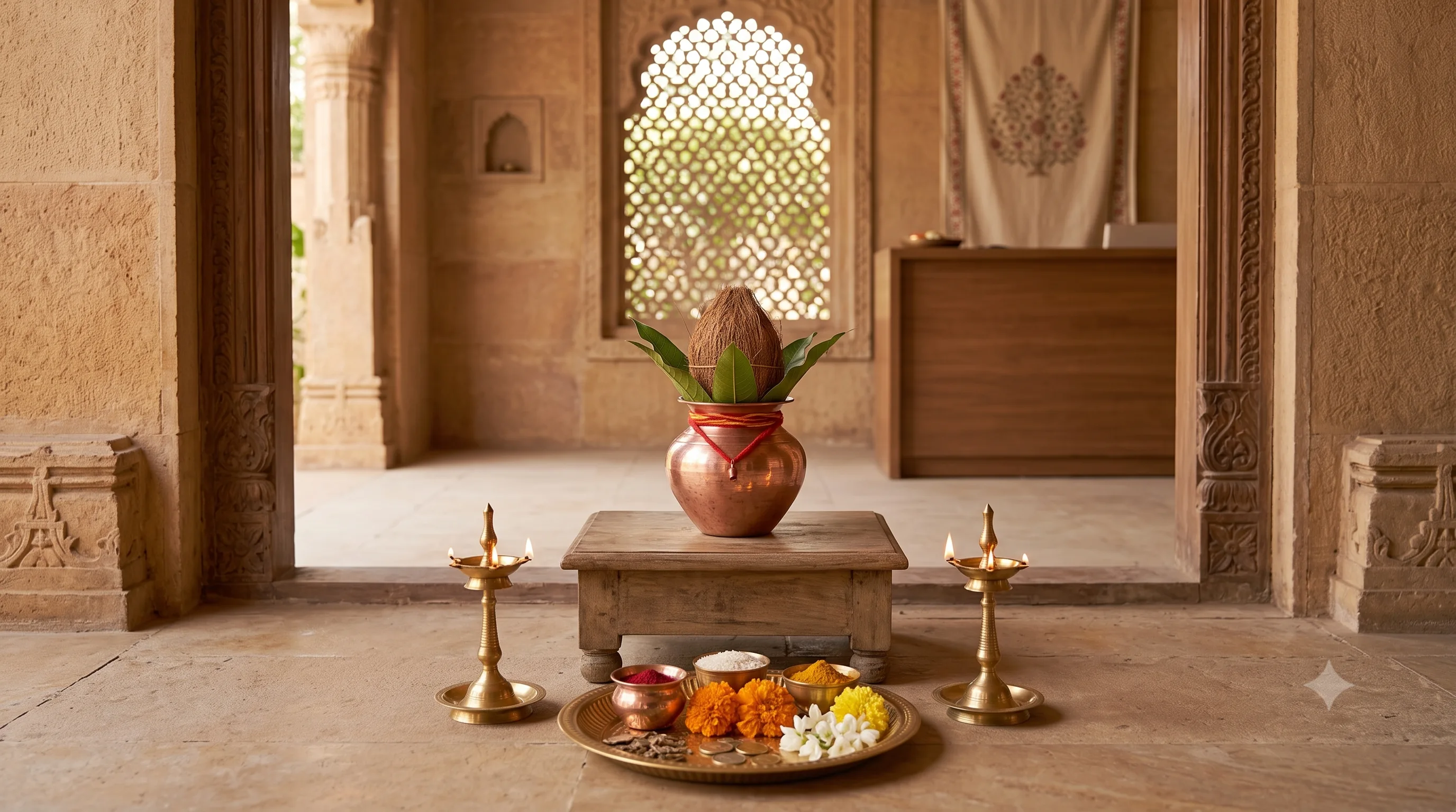 A copper kalash topped with coconut and mango leaves at a building entrance, flanked by lit brass lamps and an offering plate with coins