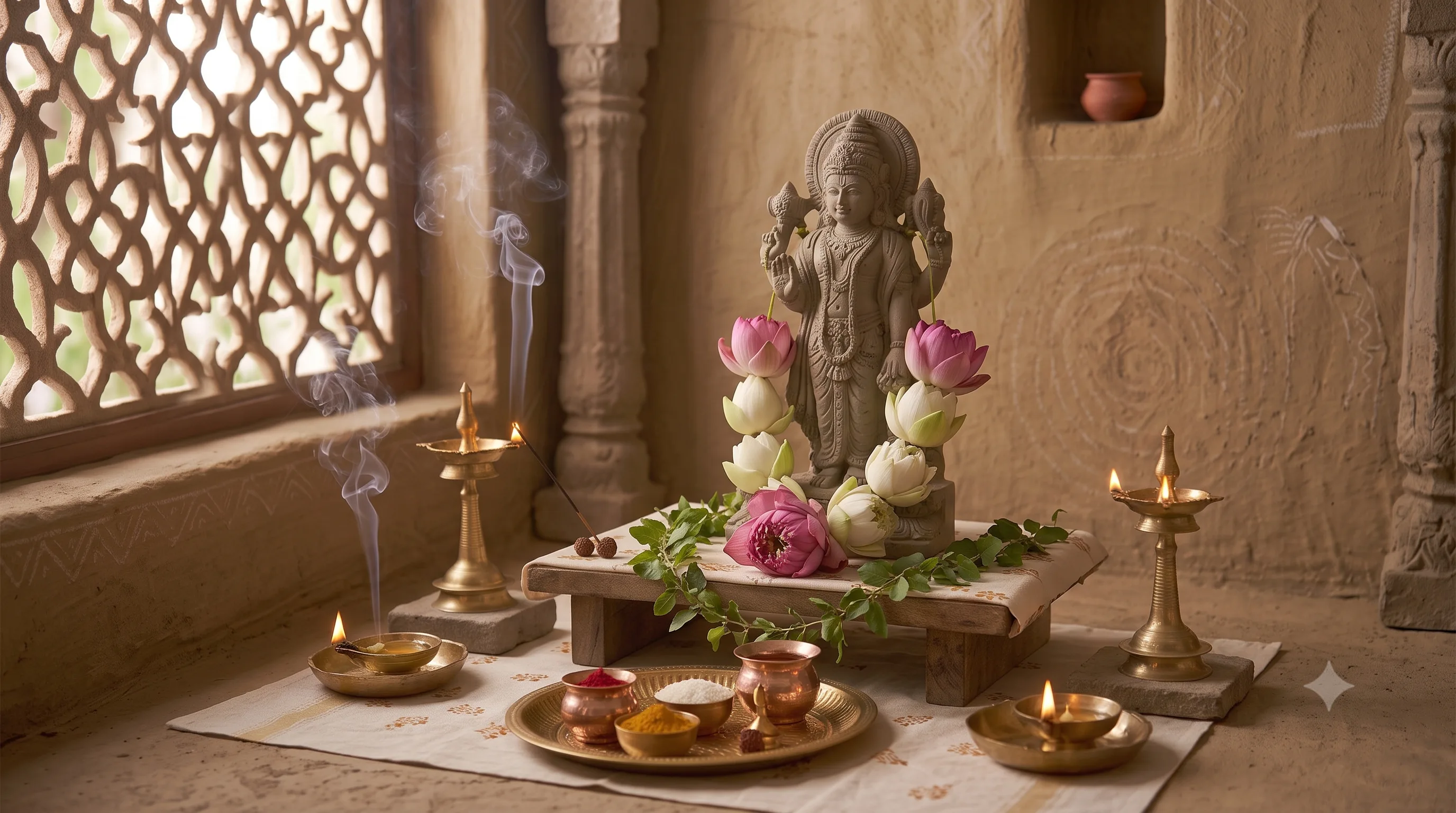 A stone Vishnu murti surrounded by pink and white lotus flowers, tulsi leaves, incense and lit lamps