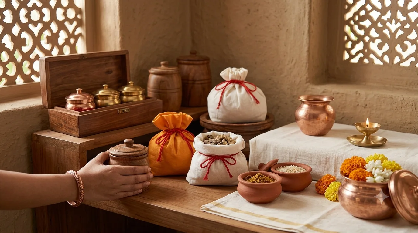 Puja samagri stored in cloth pouches and wooden containers on a home altar shelf