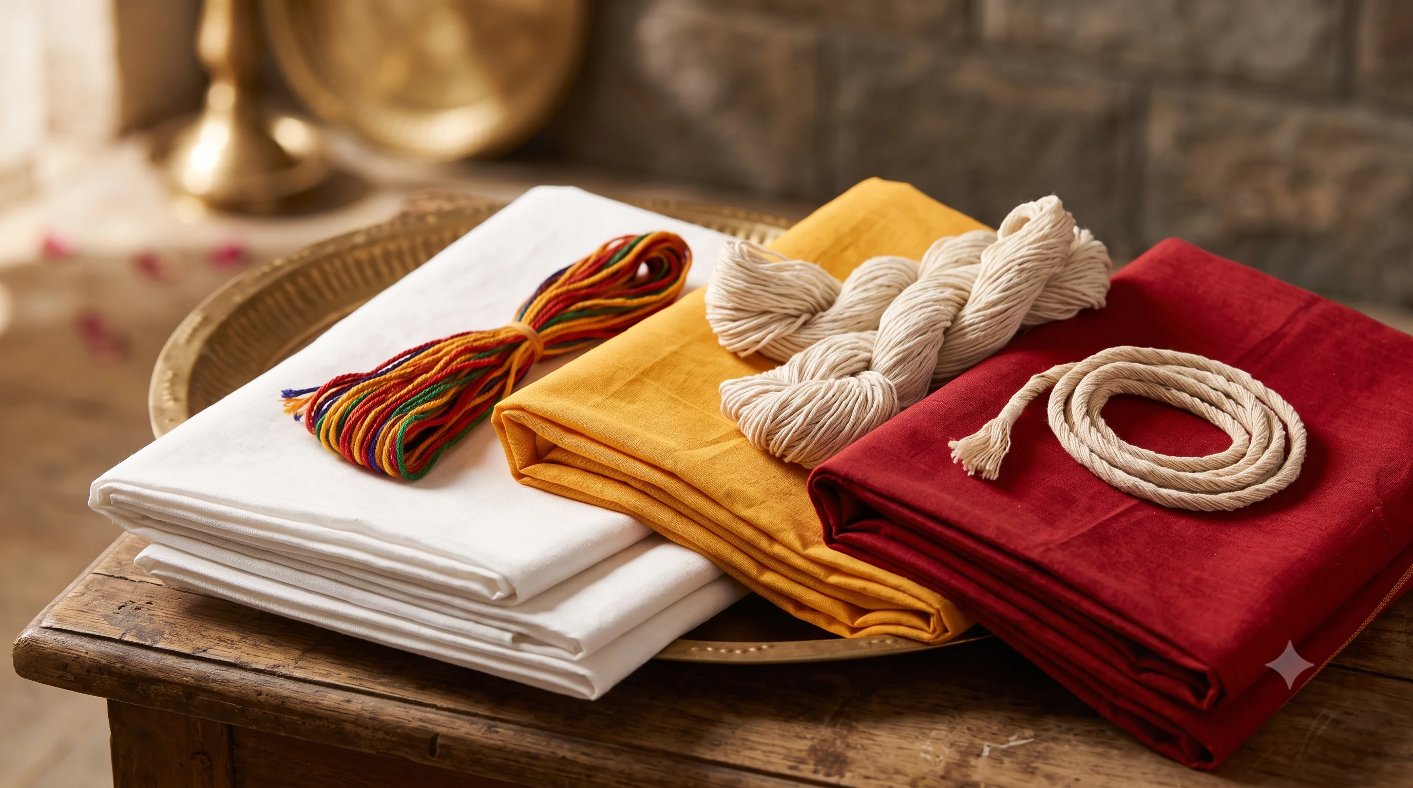 Folded white, yellow and red puja cloth with Mauli threads and cotton cord on a brass tray