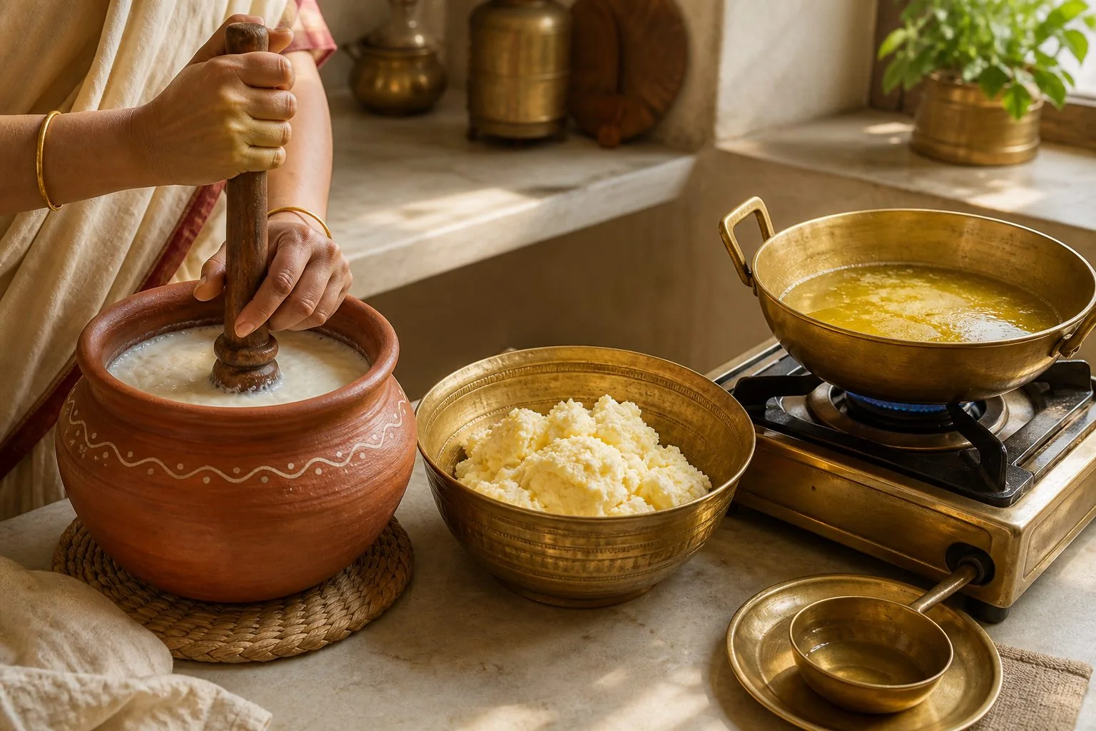 दही मथने, मक्खन निकालने और घी बनाने की प्रक्रिया का व्याख्यात्मक चित्र