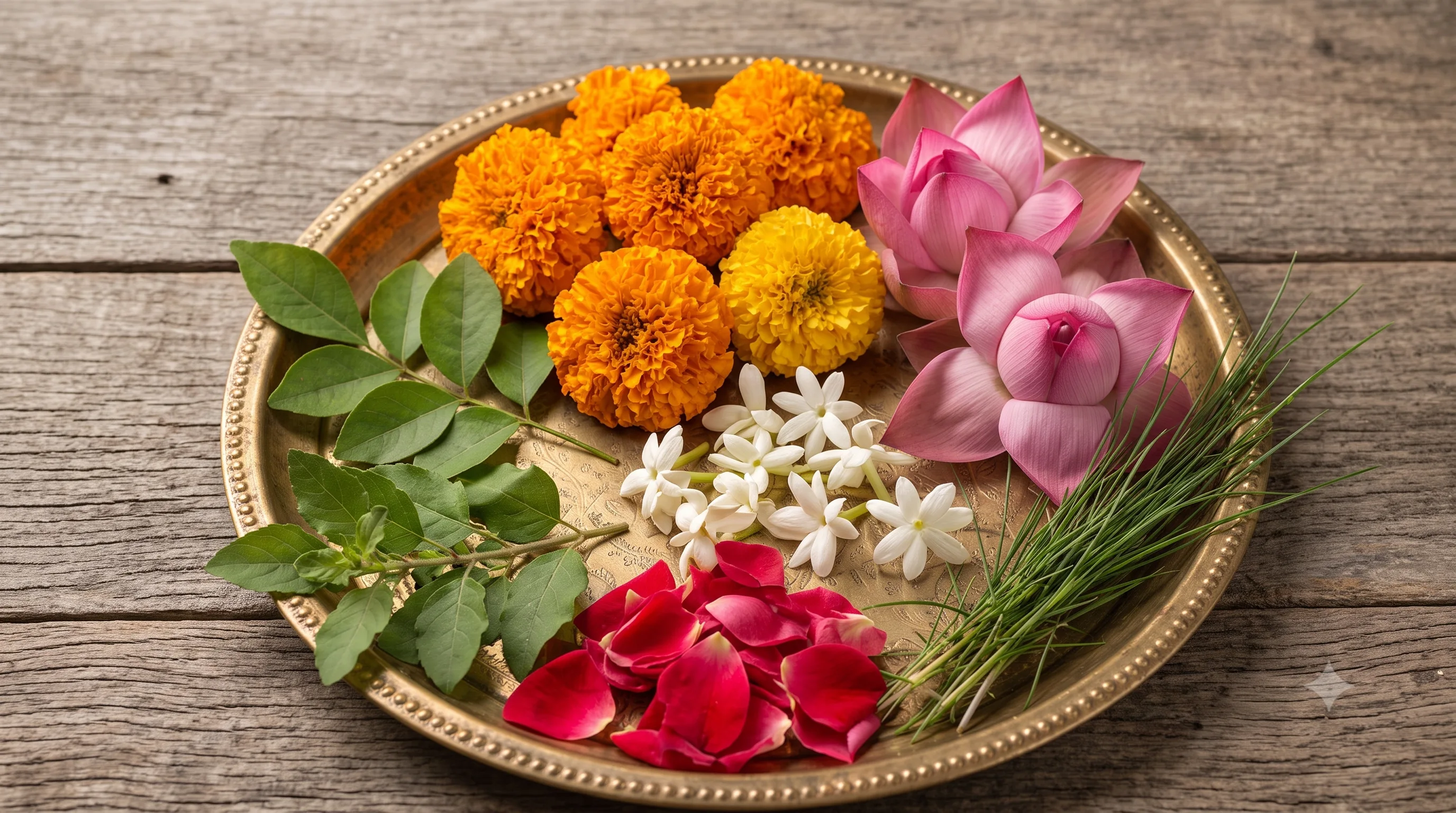 Marigold, lotus, jasmine and rose flowers with tulsi and durva leaves on a brass plate