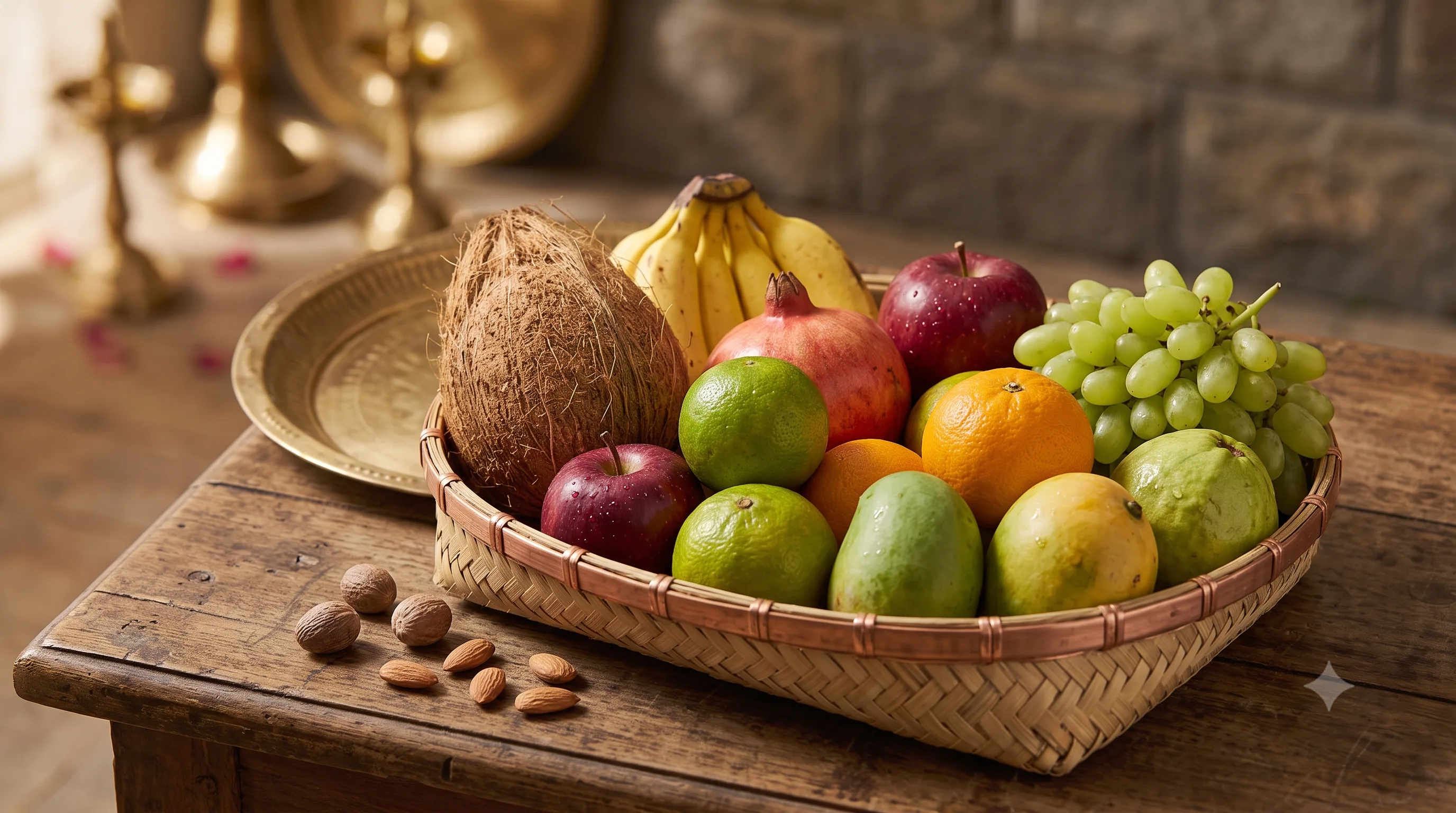 A woven basket of assorted fruits including coconut, bananas, pomegranate, apples, citrus, grapes and mangoes, with almonds scattered nearby