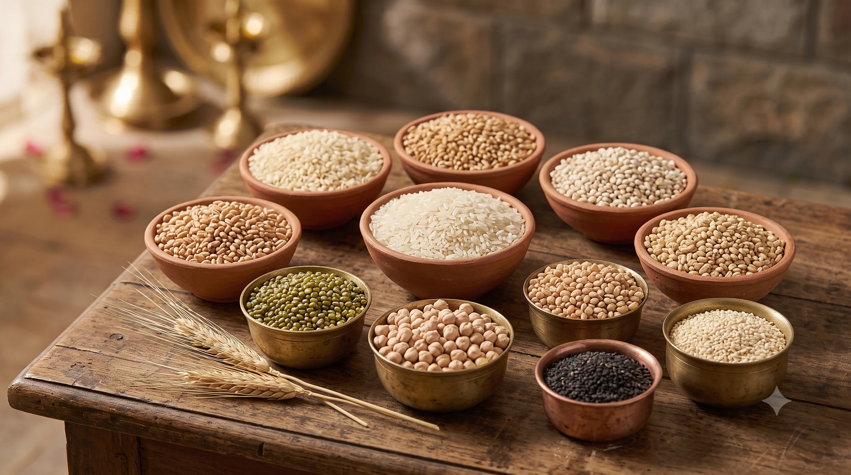 Small clay and metal bowls of assorted grains and pulses — rice, wheat, barley, moong and sesame — with wheat stalks laid beside them