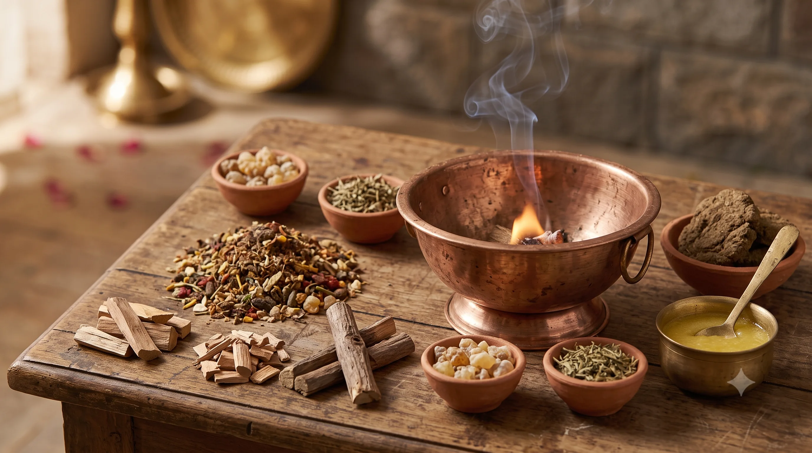 A small copper bowl with a lit sacred fire, surrounded by wood sticks, havan samagri mix, resin, herbs, a dung cake and a bowl of ghee