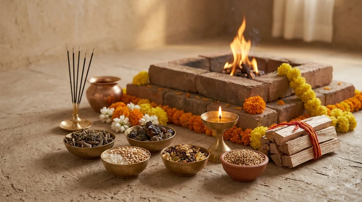 A lit havan kund surrounded by samidha, havan samagri, firewood and flowers for a fire ritual