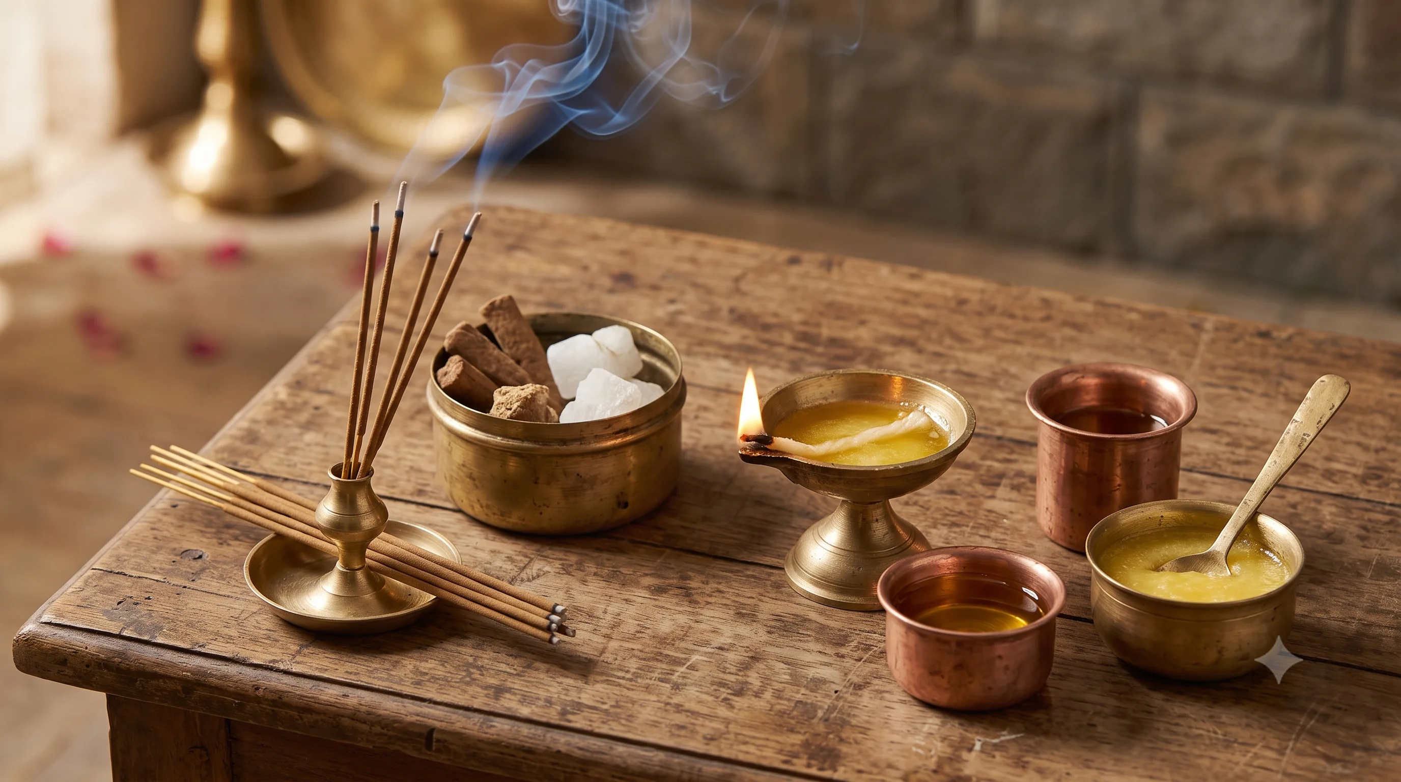 Incense sticks, camphor, a lit ghee lamp, and cups of oil and ghee arranged for puja