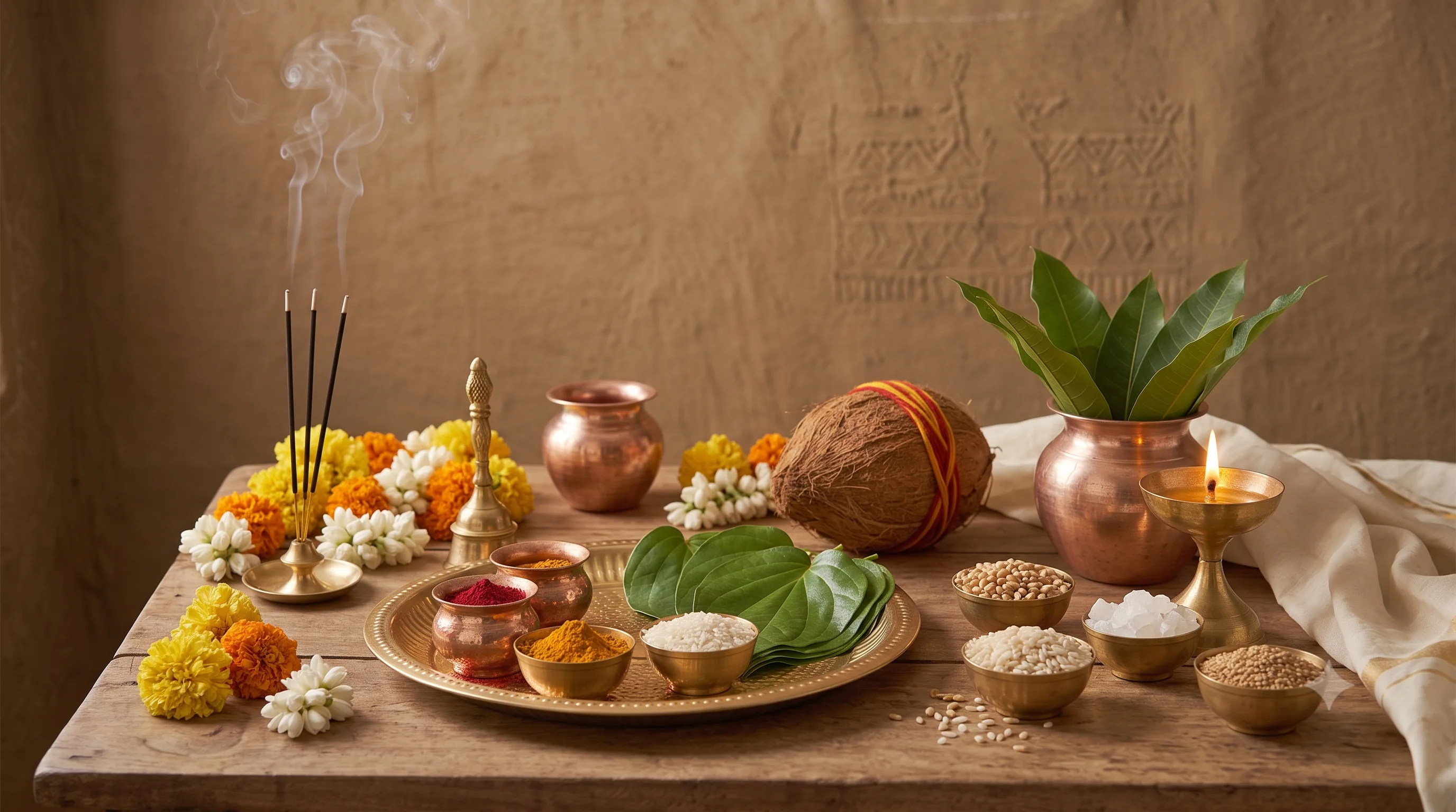 A spread of common puja samagri including kalash, flowers, incense, powders and grains