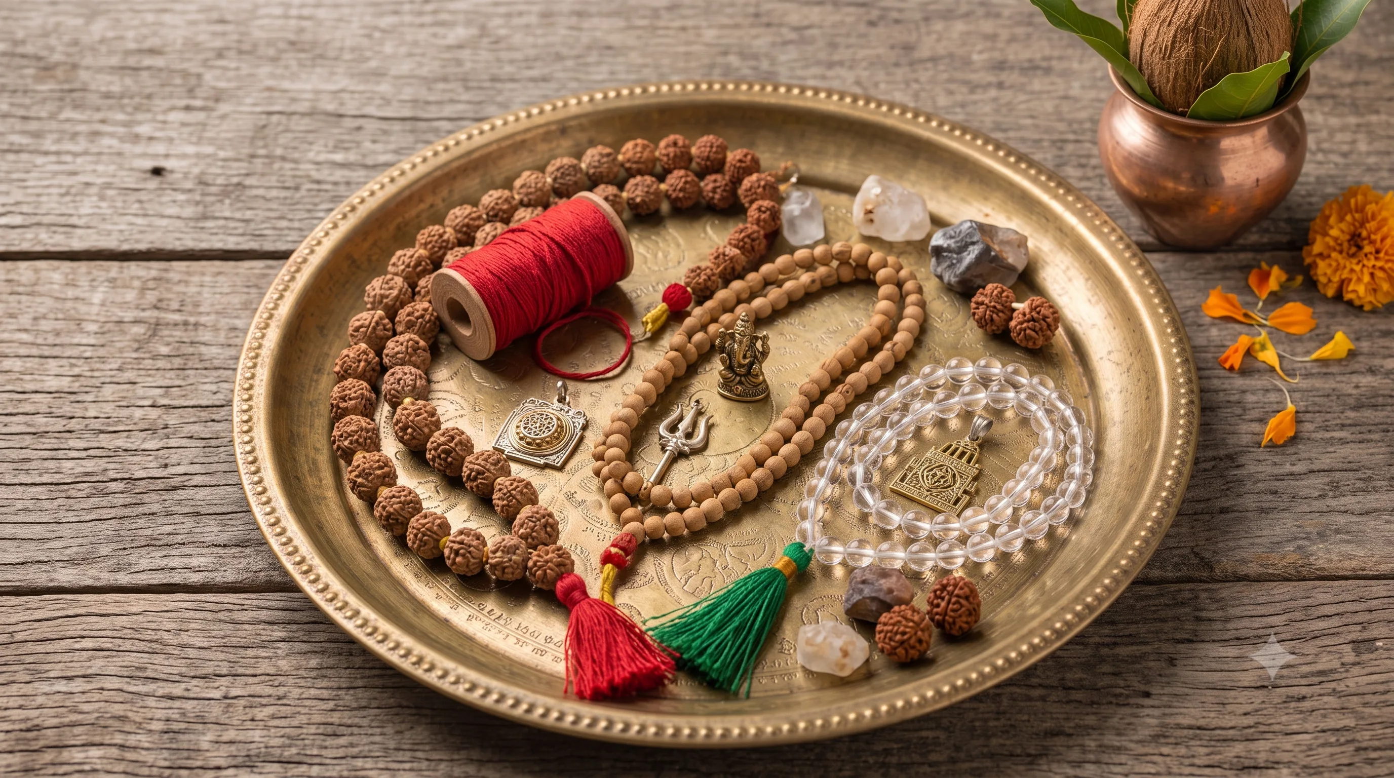 Rudraksha, sandalwood and crystal prayer malas with gemstones and a small Ganesha idol on a brass plate