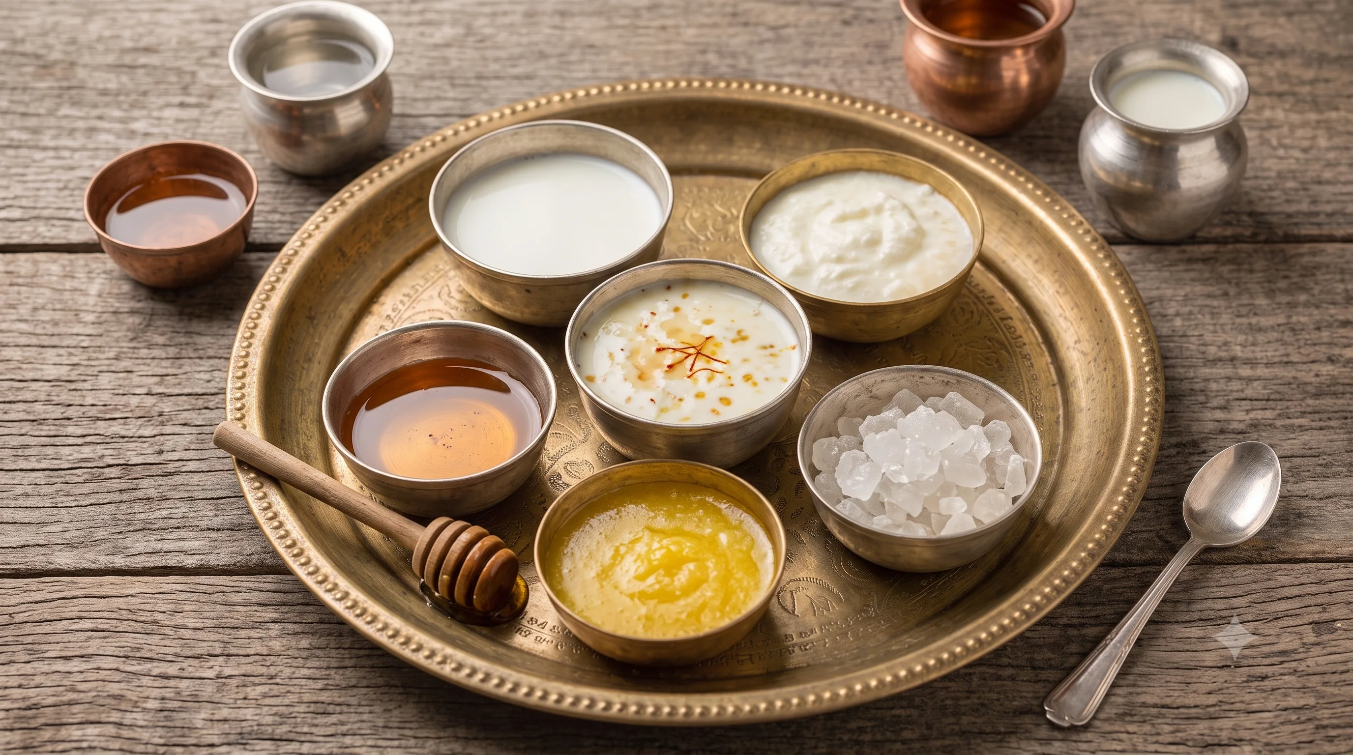 Bowls of milk, curd, honey, ghee and sugar for Panchamrit arranged on a brass thali