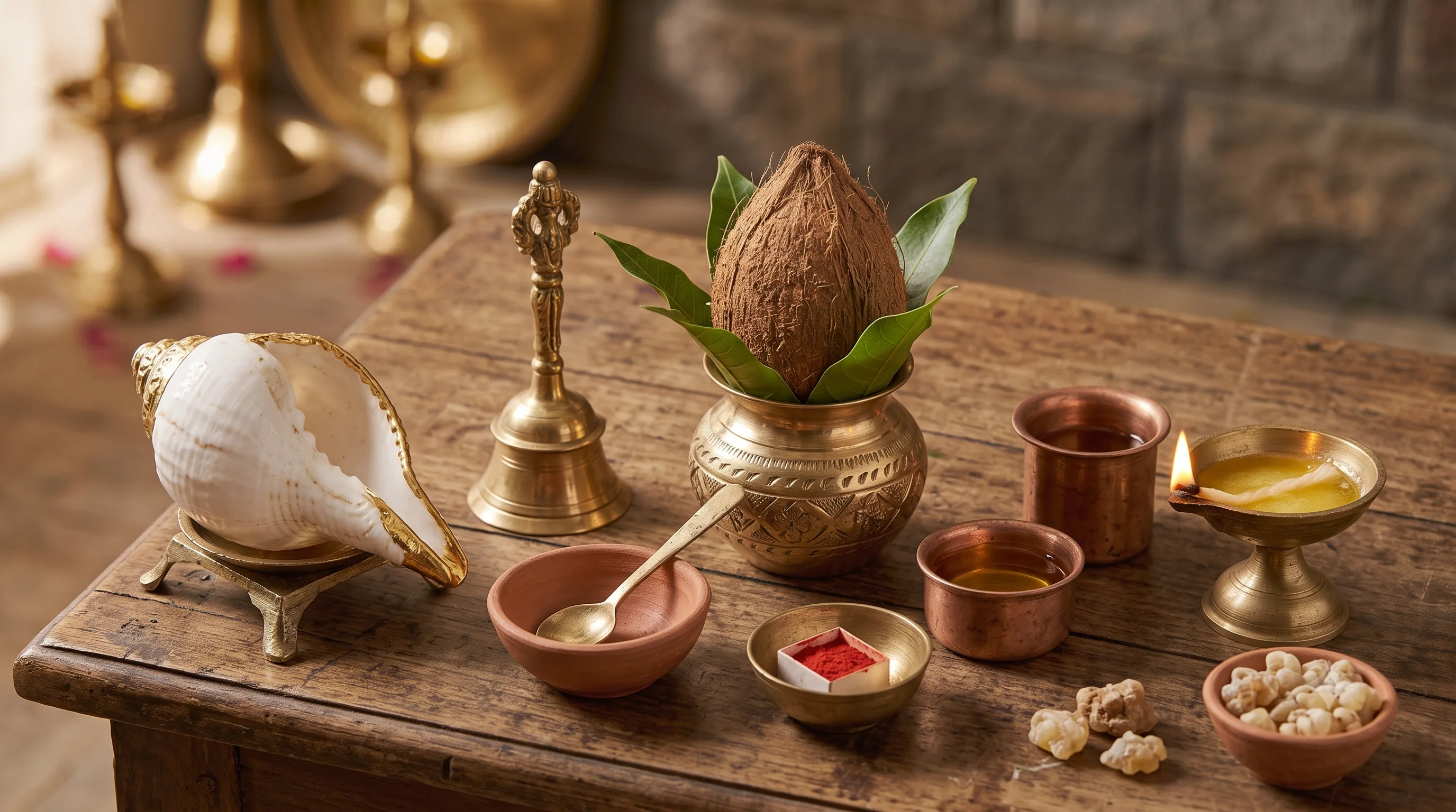 A conch shell, brass bell, kalash with coconut and mango leaves, small clay bowls of kumkum and resin, and a lit oil lamp on a wooden table