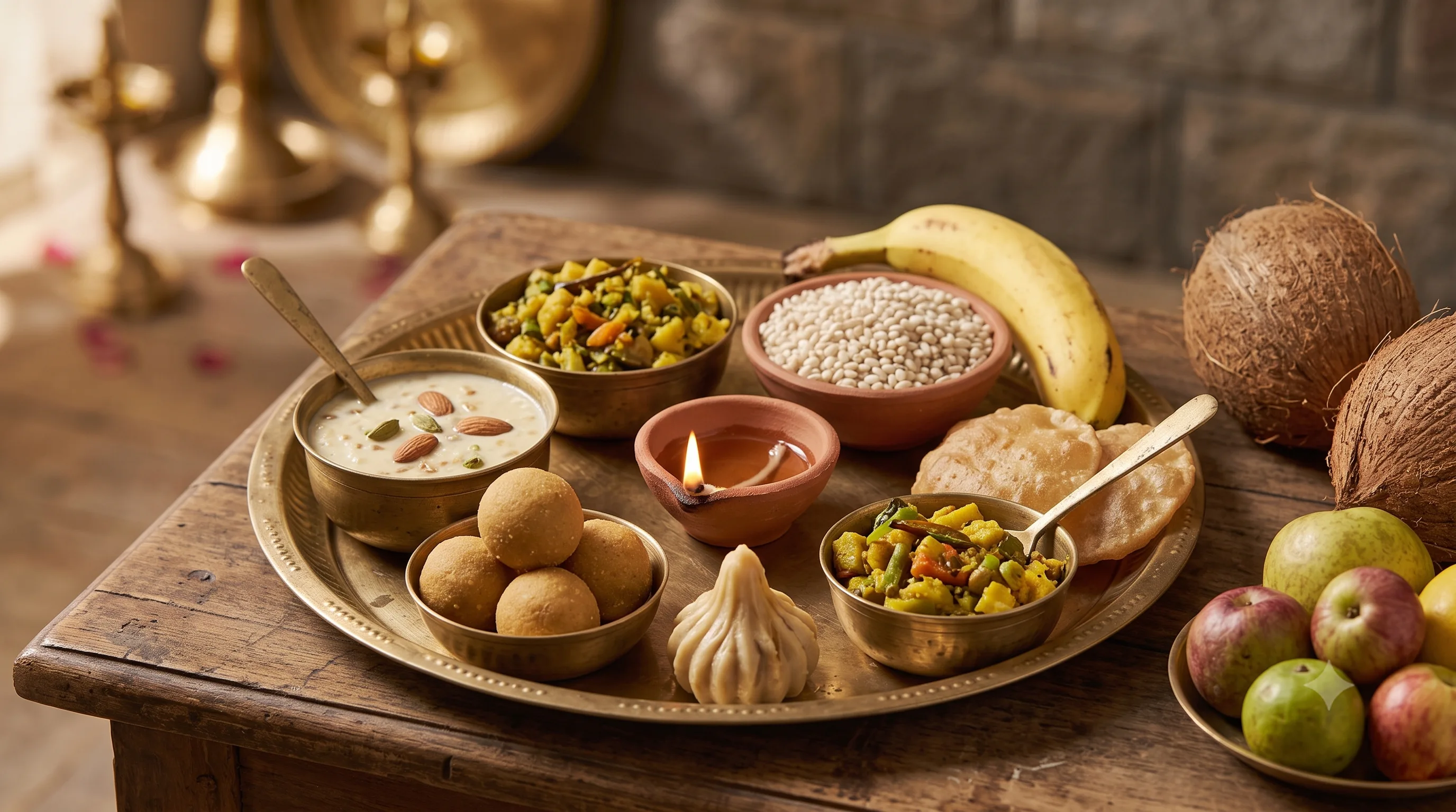 A brass thali of naivedya offerings including kheer, vegetable dishes, laddoos, a modak and puris, with a lit lamp, banana and coconut nearby