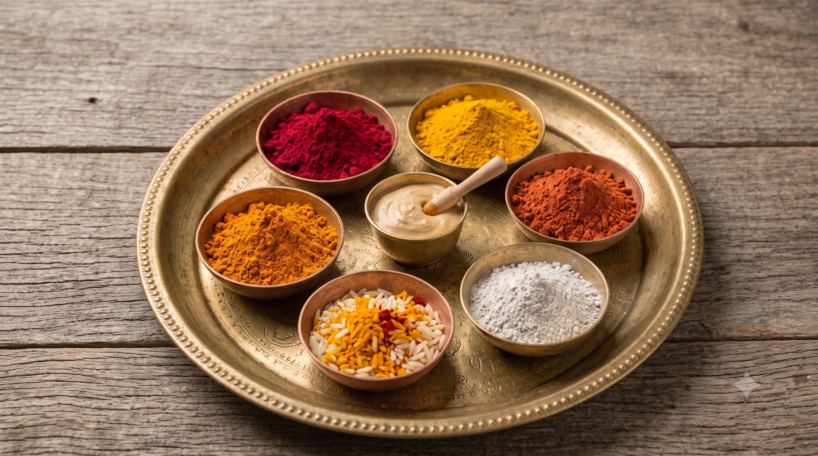 Bowls of kumkum, turmeric, sindoor, sandalwood paste and sacred ash arranged on a brass plate