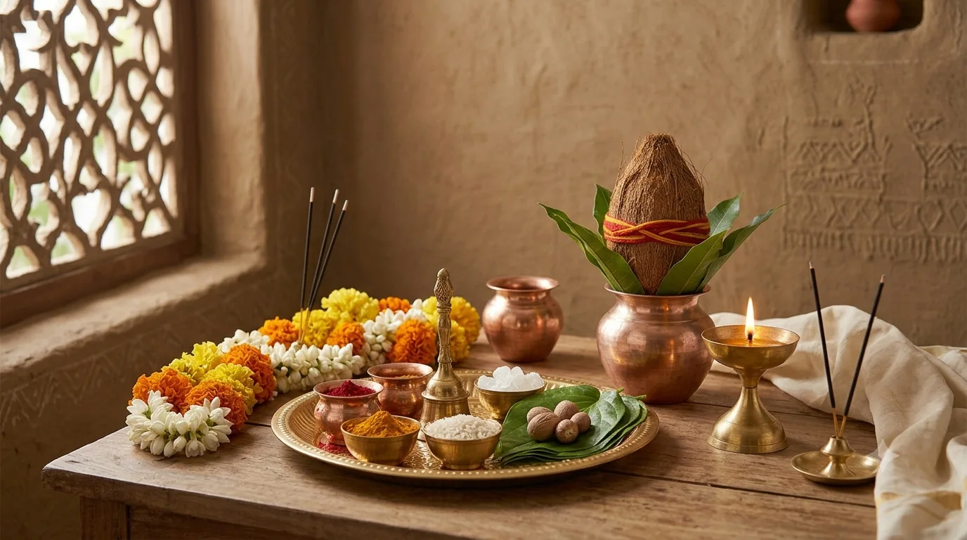 A kalash with coconut and mango leaves, aarti thali, bell, incense and flower garlands arranged for puja