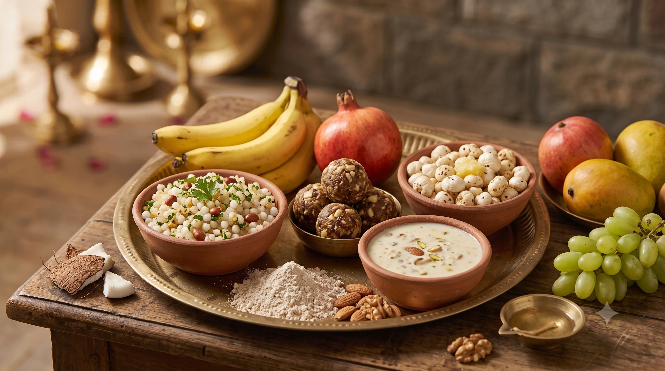 A brass thali of vrat fasting foods — sabudana khichdi, makhana, energy balls, kheer, flour and nuts — with bananas, pomegranate and fruit alongside