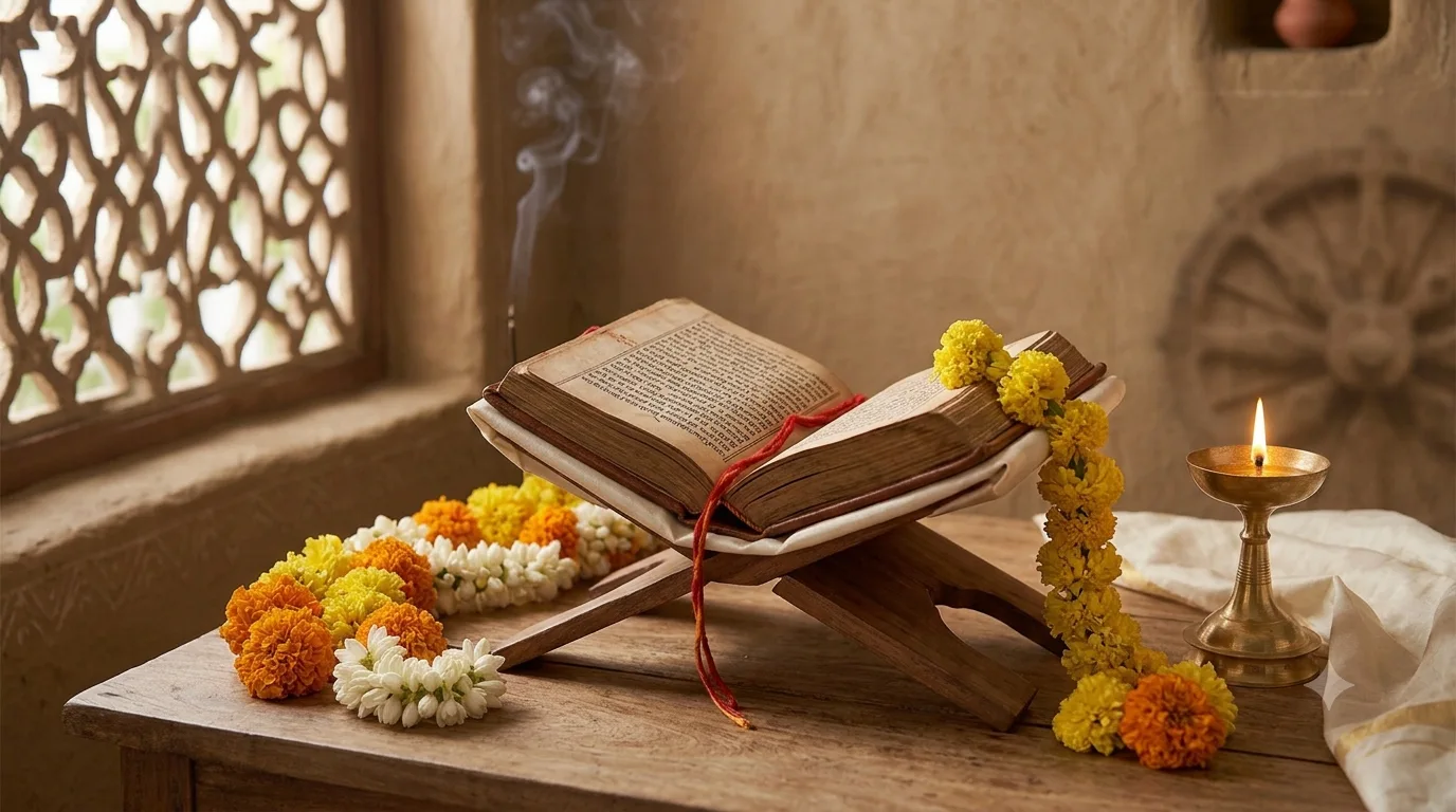 An open scripture on a wooden book stand, garlanded with marigold and jasmine flowers beside a lit oil lamp