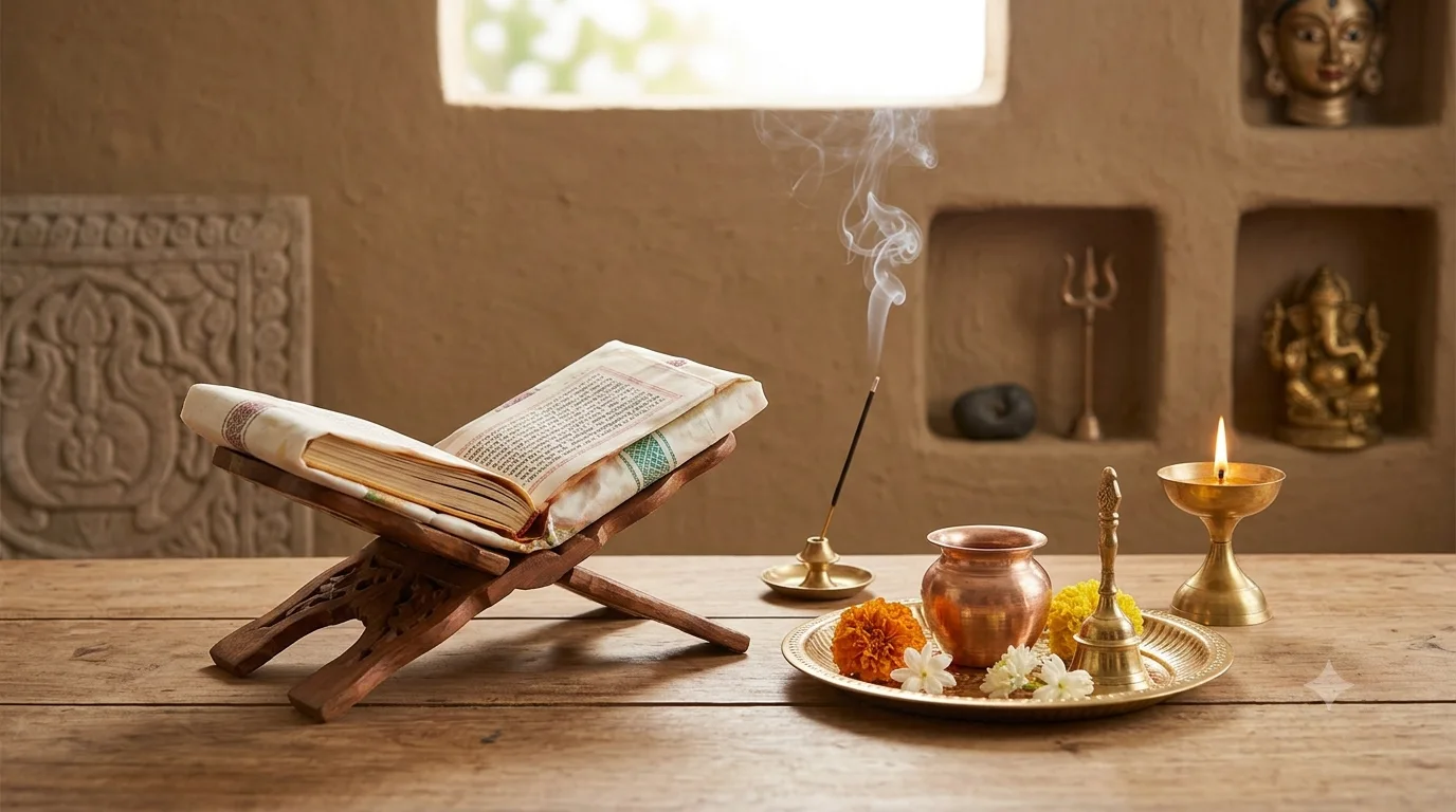 An open scripture on a wooden stand beside a home shrine niche with small murtis, a trishul and a lit lamp