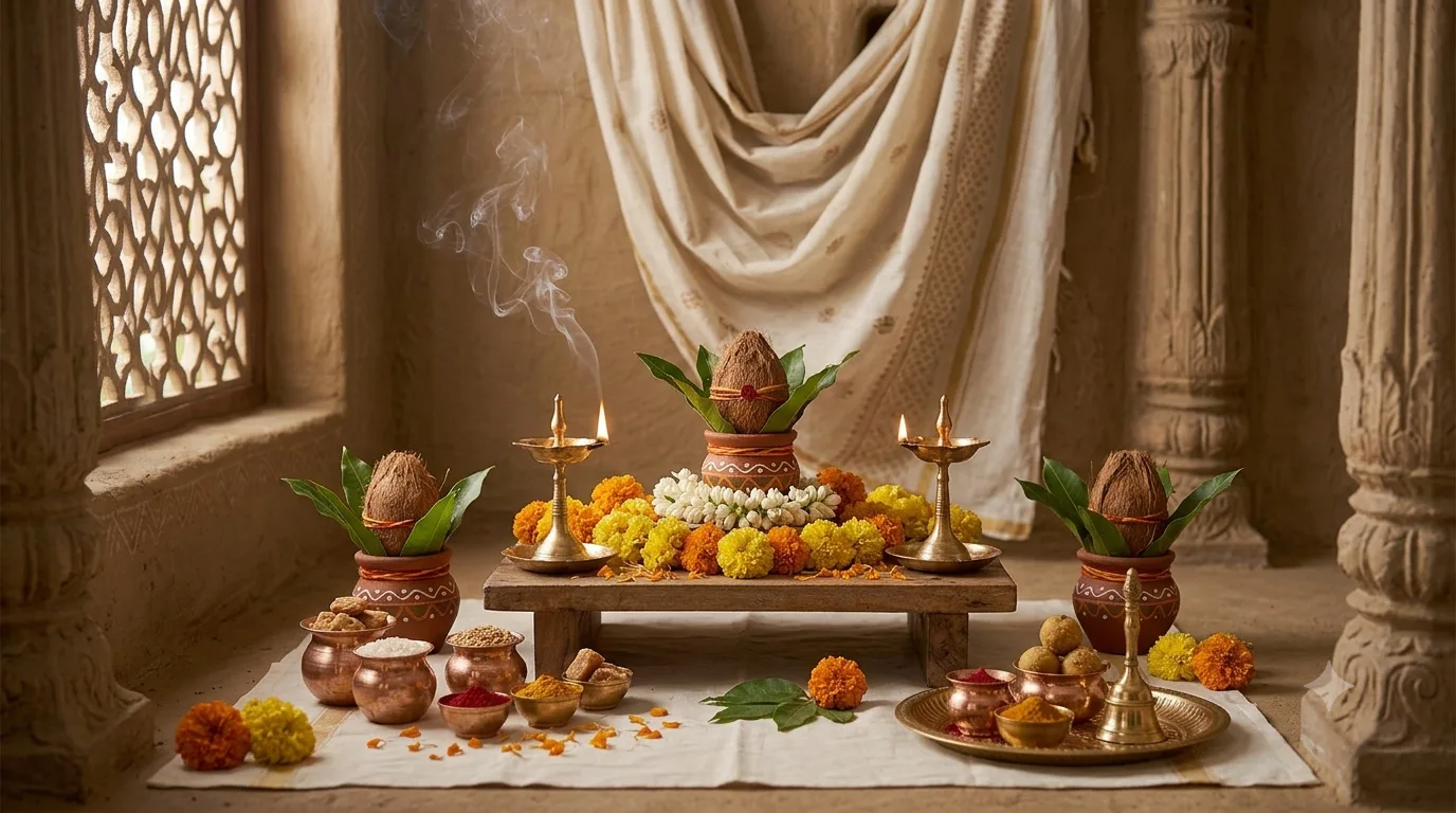 A festive puja arrangement with kalash pots topped with coconut and mango leaves, lit brass lamps, and offerings of turmeric and kumkum