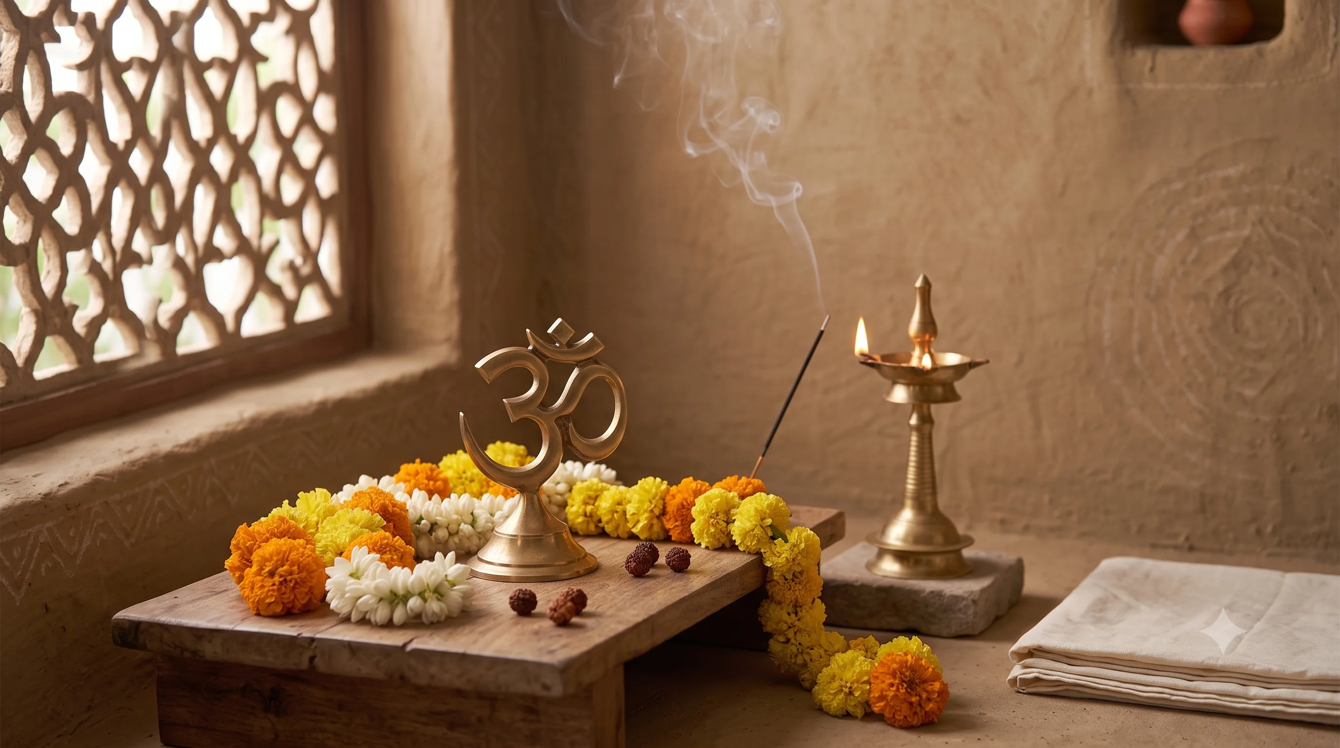 A brass Om symbol on a home shrine table, surrounded by marigold and jasmine garlands, rudraksha beads and a lit incense stick