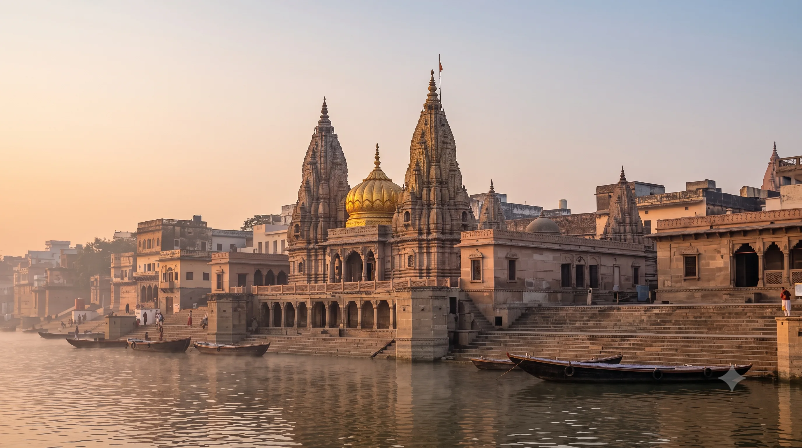 Kashi Vishwanath temple spires and golden dome beside the Ganga at dawn, with boats moored on the ghat
