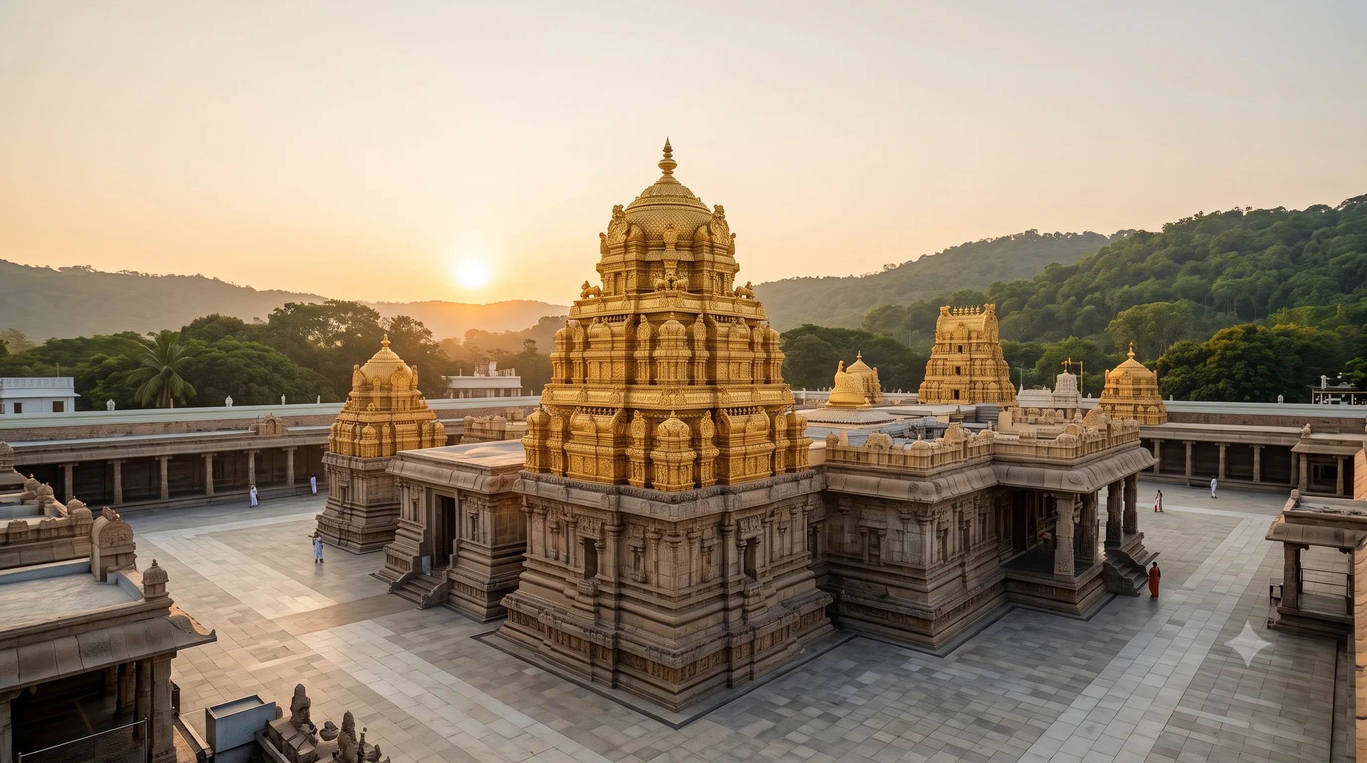 Golden gopuram of the Tirumala Venkateswara temple courtyard at sunrise, surrounded by hills